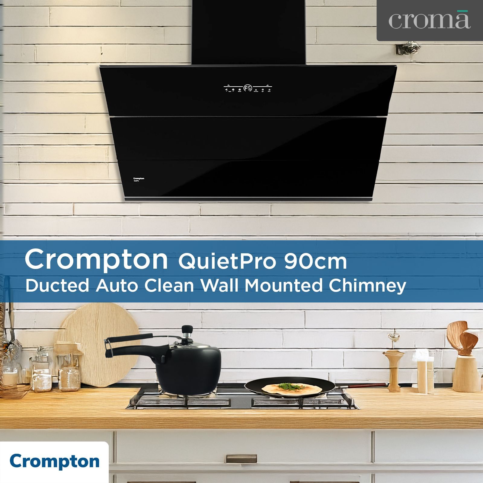 Crompton QuietPro 90cm 1420m3/hr Ductless Auto Clean Wall Mounted Chimney with Touch Control Panel (Midnight Black) Crompton QuietPro 90cm 1420m3/hr Ductless Auto Clean Wall Mounted Chimney with Touch Control Panel (Midnight Black)_8