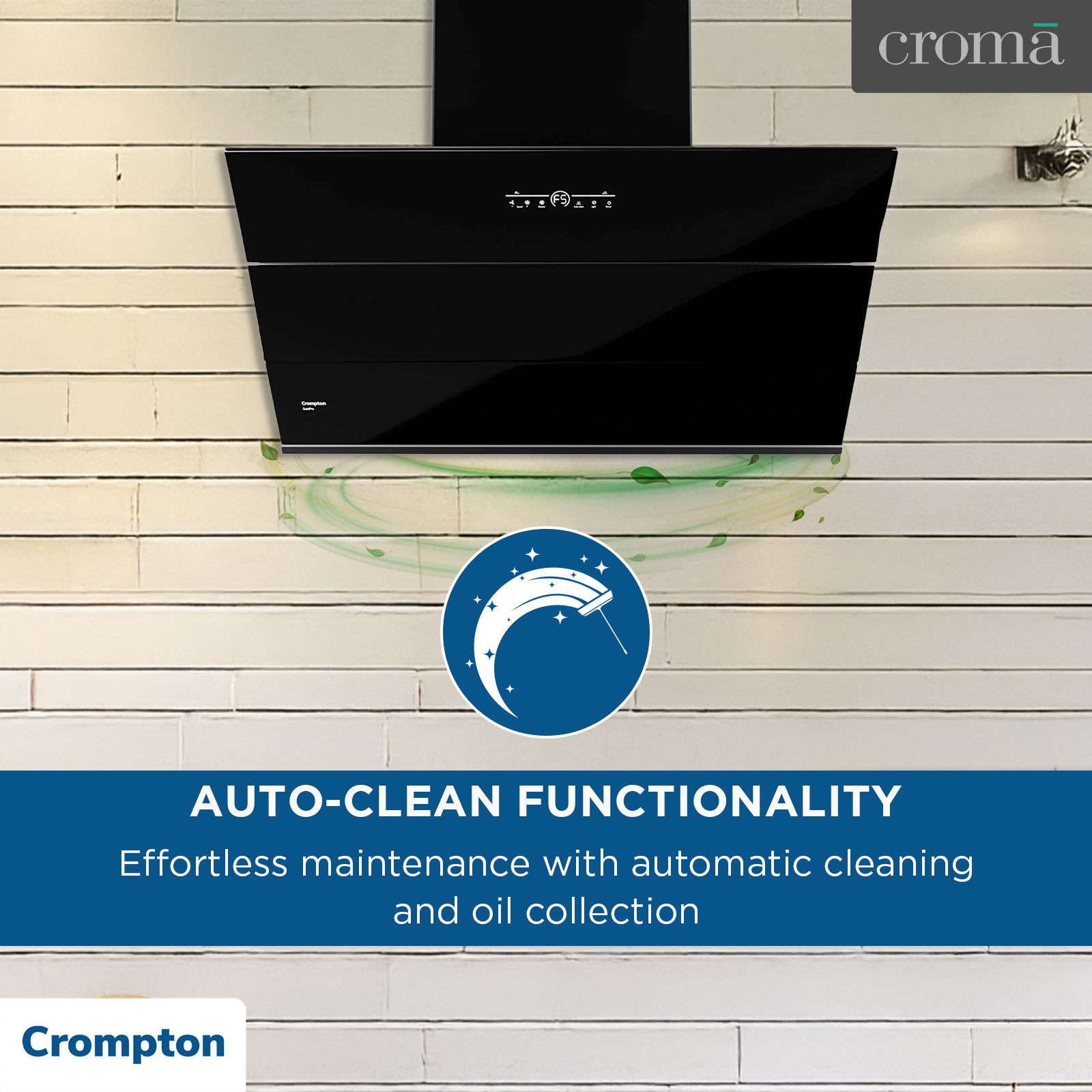 Crompton QuietPro 90cm 1420m3/hr Ductless Auto Clean Wall Mounted Chimney with Touch Control Panel (Midnight Black) Crompton QuietPro 90cm 1420m3/hr Ductless Auto Clean Wall Mounted Chimney with Touch Control Panel (Midnight Black)_12