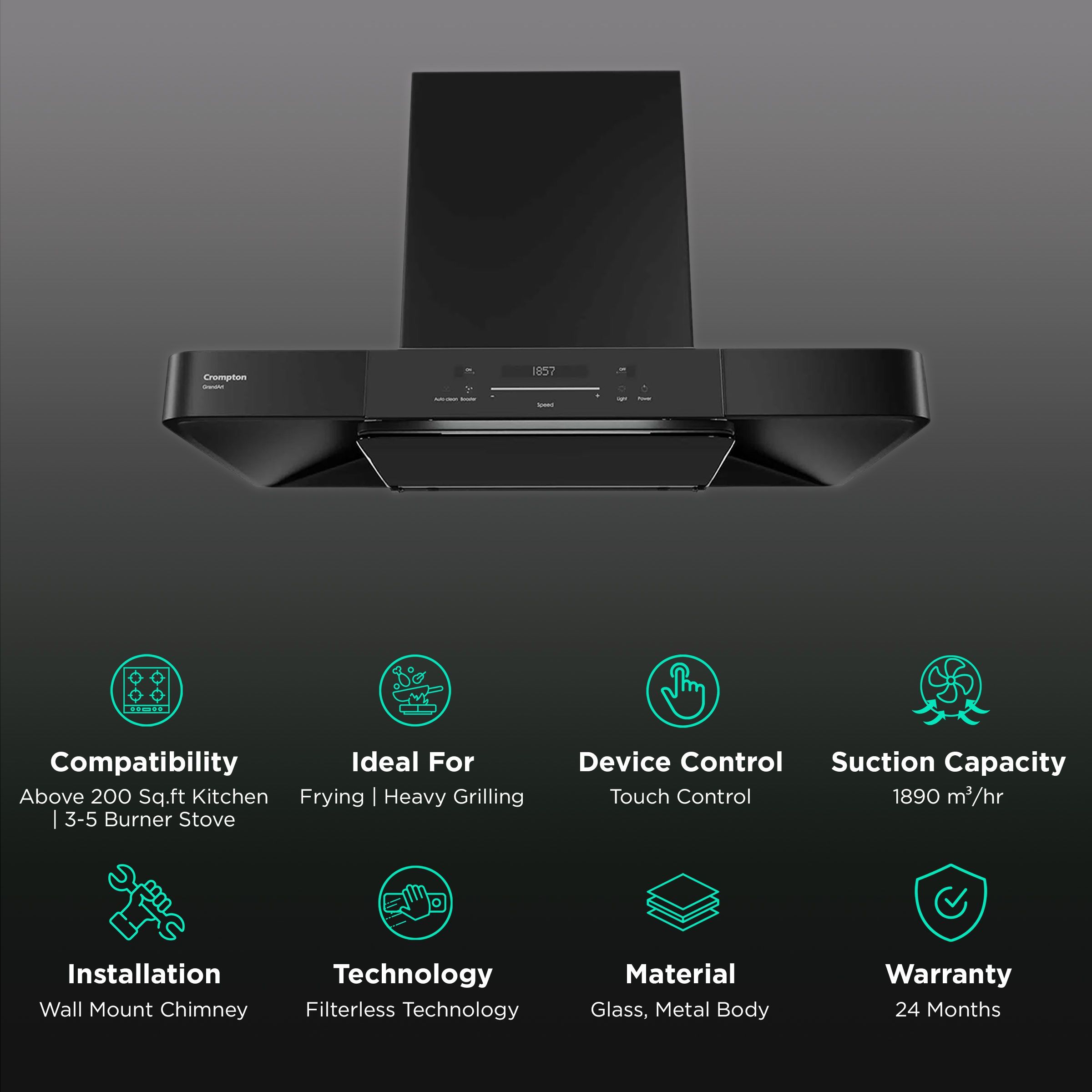 Crompton GrandArt 90cm 1890m3/hr Ducted Auto Clean Wall Mounted Chimney with Touch Control Panel (Midnight Black)_3