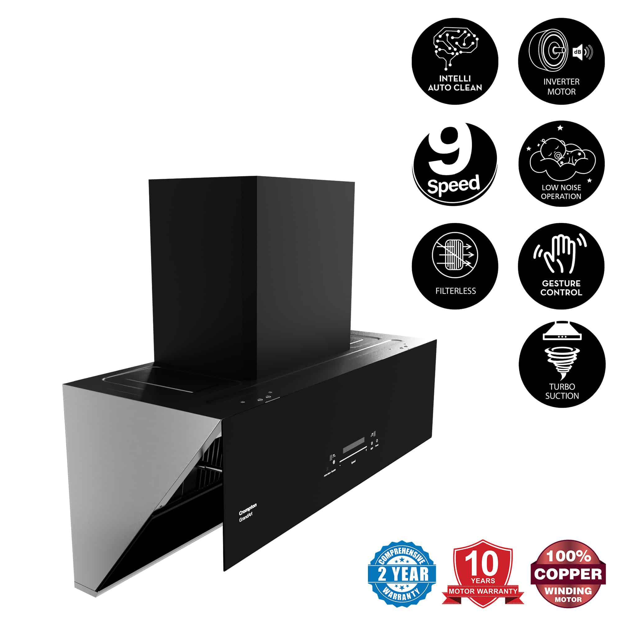 Crompton GrandArt 90cm 2040m3/hr Ducted Auto Clean Wall Mounted Chimney with Touch Control Panel (Midnight Black)_7