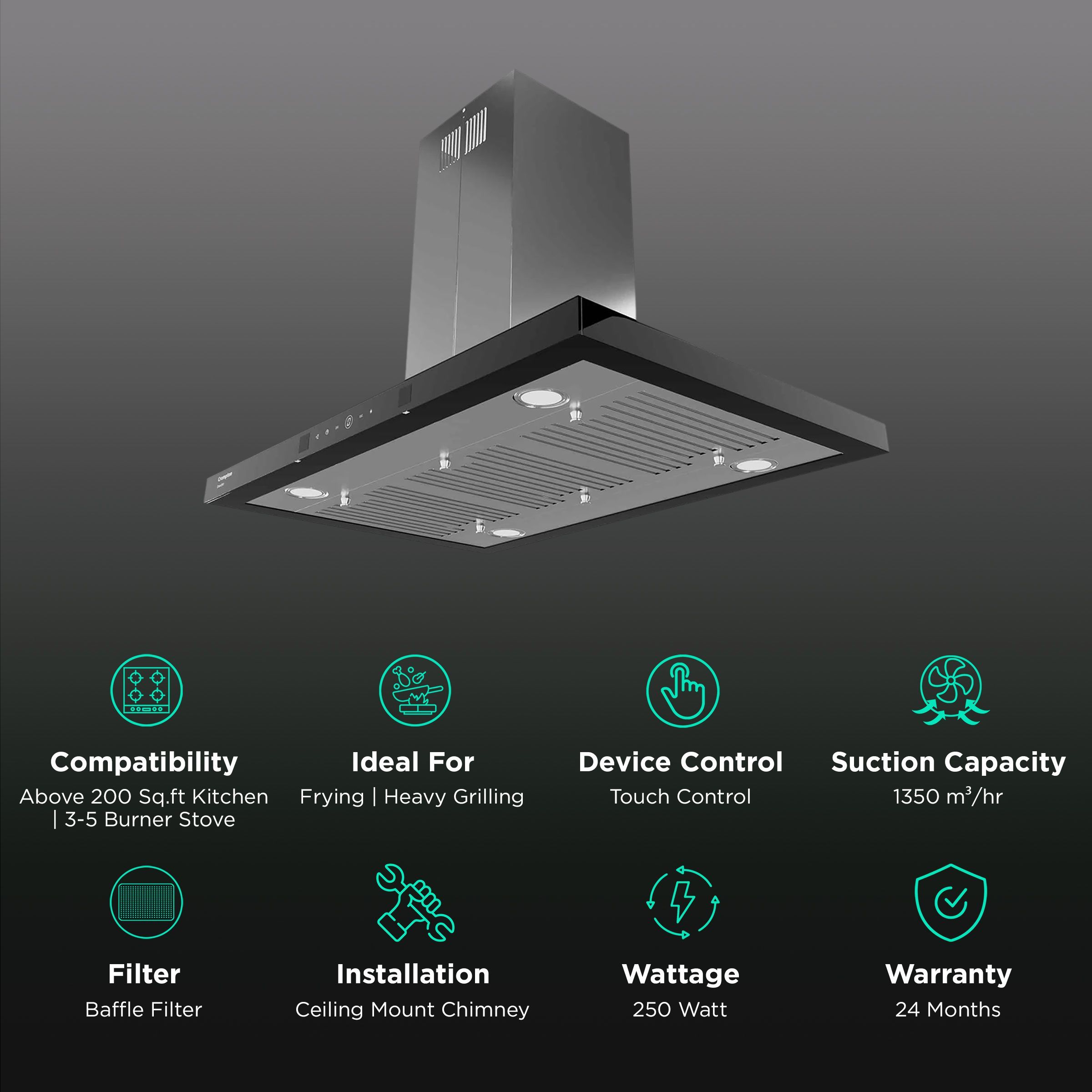 Crompton GrandArt 90cm 1350m3/hr Ducted Auto Clean Ceiling Mounted Chimney with Touch Control Panel (Inox)_3