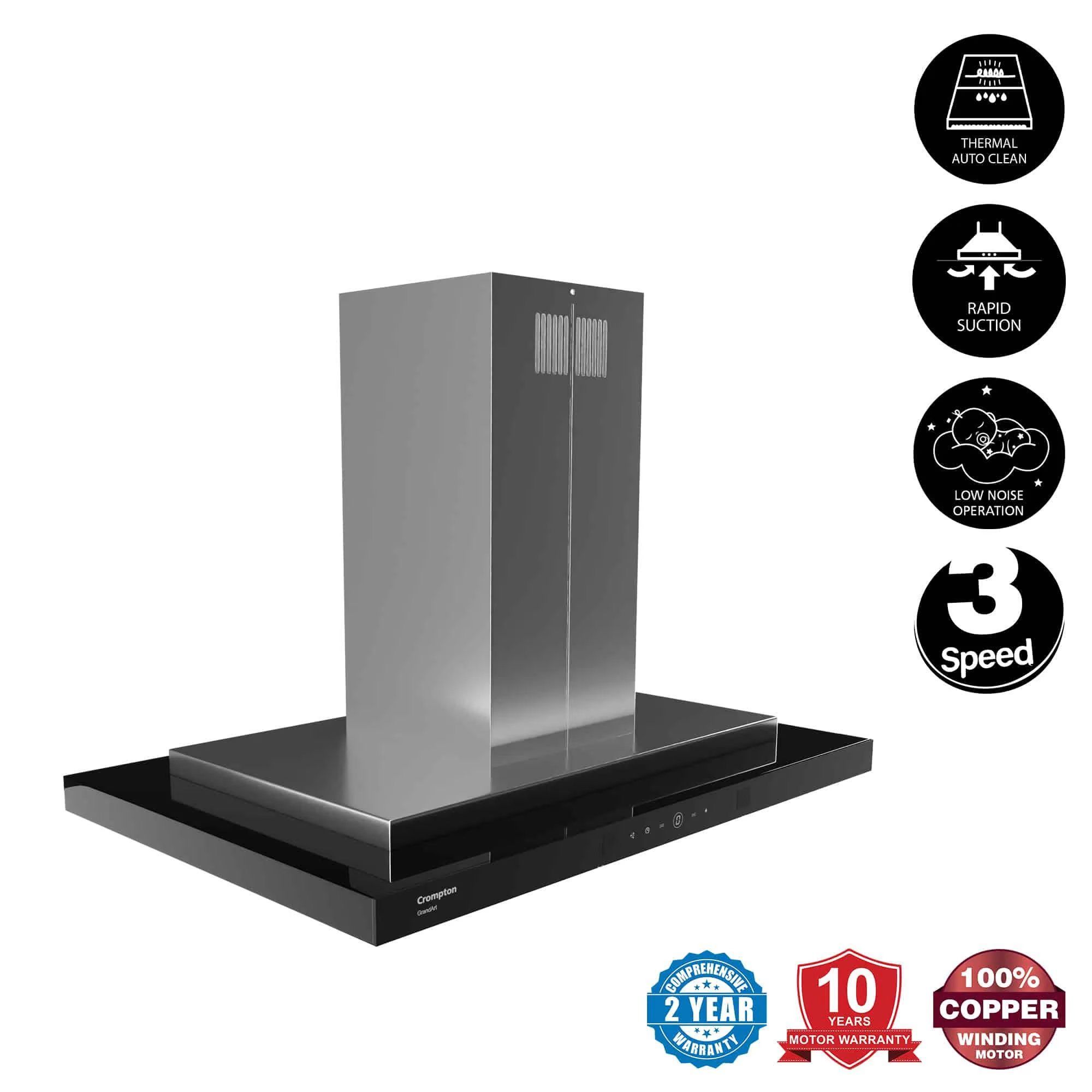 Crompton GrandArt 90cm 1350m3/hr Ducted Auto Clean Ceiling Mounted Chimney with Touch Control Panel (Inox)_6