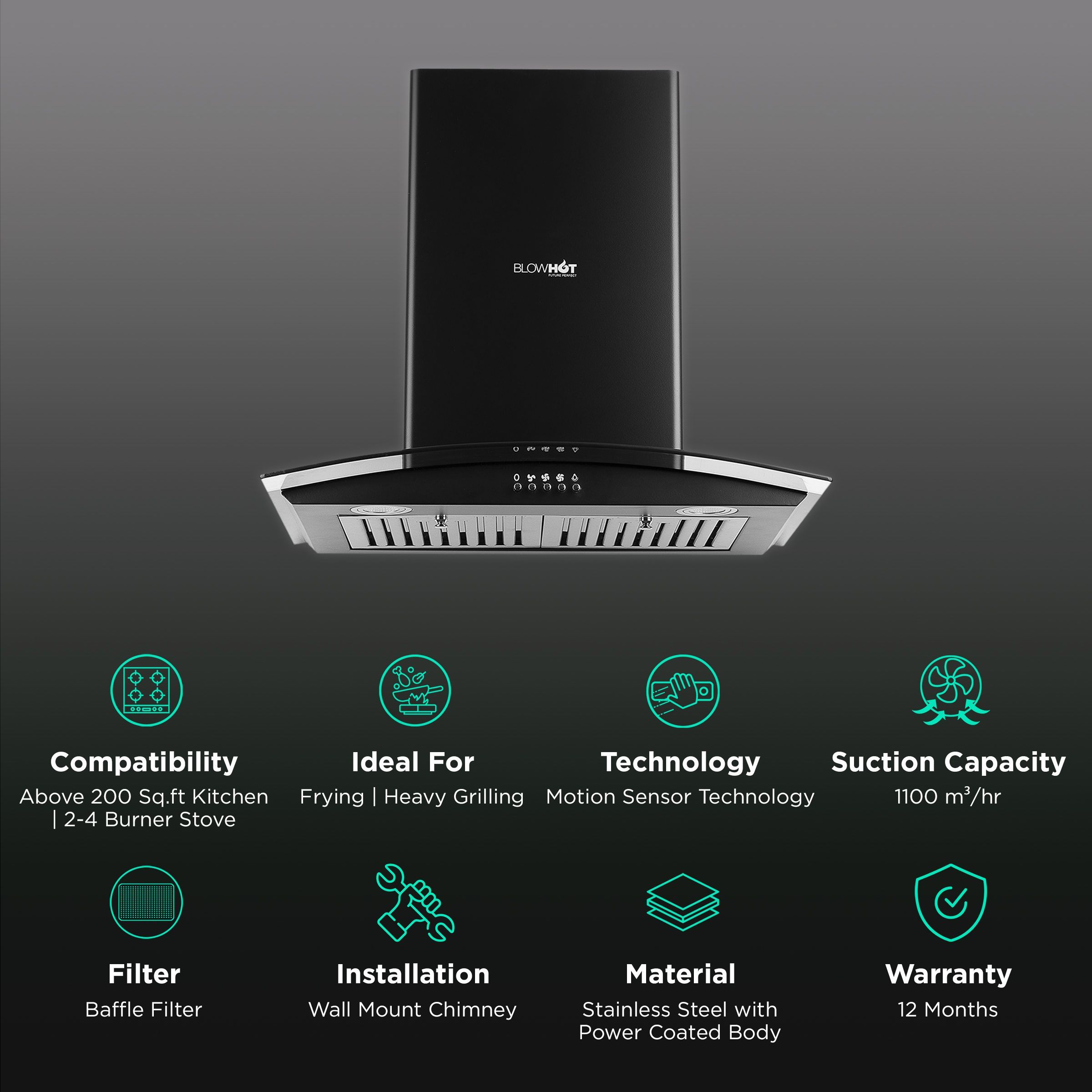 BLOWHOT Acura S BPC 60cm 1100m3/hr Ducted Auto Clean Wall Mounted Chimney with Motion Sensor (Black)_3