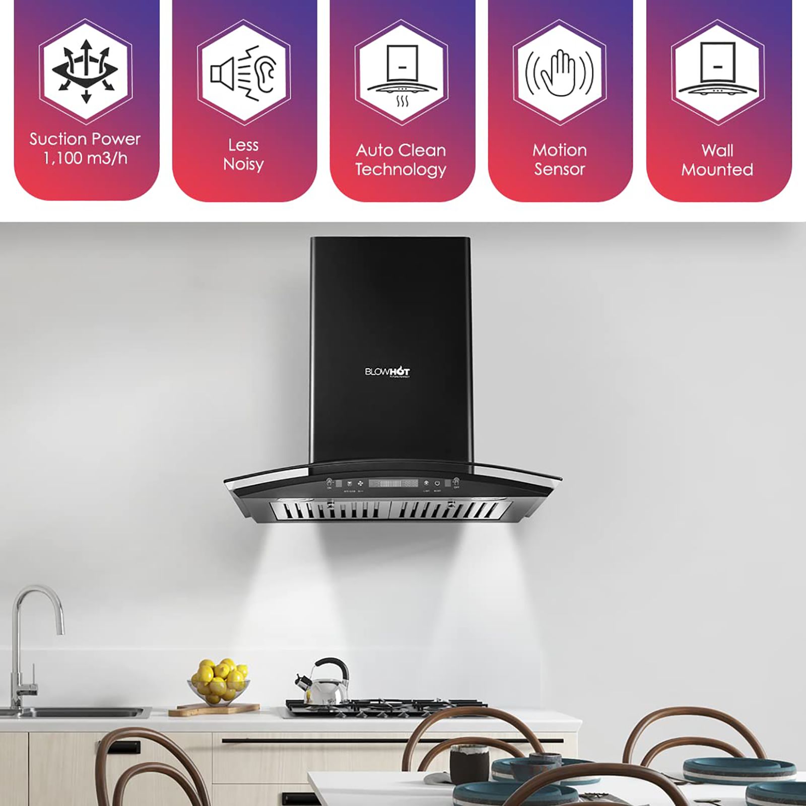 BLOWHOT Acura S BAC MS 60cm 1200m3/hr Ducted Auto Clean Wall Mounted Chimney with Motion Sensor (Black)_9