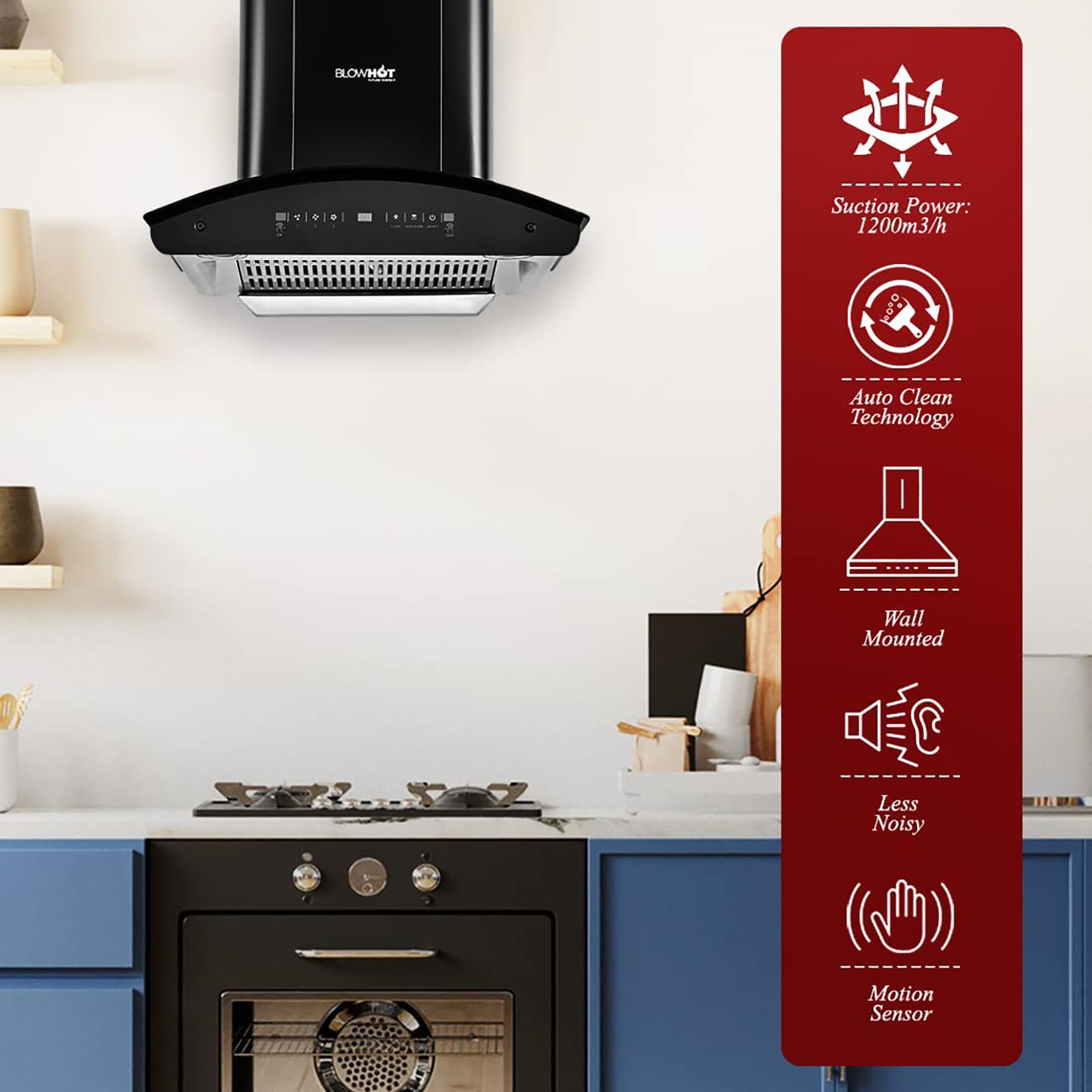 BLOWHOT Evana S BAC MS 60cm 1200m3/hr Ducted Auto Clean Wall Mounted Chimney with Motion Sensor (Black)_6