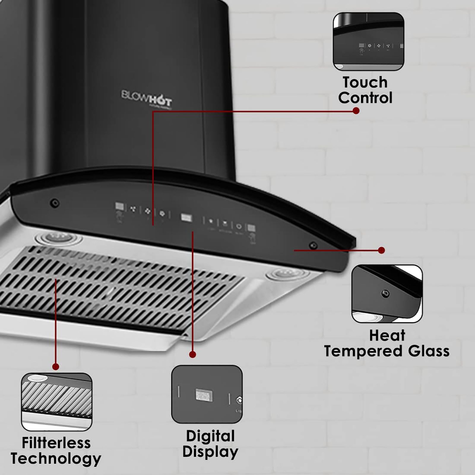 BLOWHOT Evana S BAC MS 60cm 1200m3/hr Ducted Auto Clean Wall Mounted Chimney with Motion Sensor (Black)_9