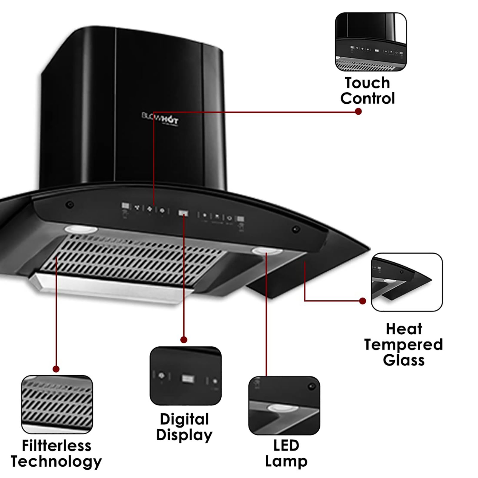 BLOWHOT Evana L BAC MS 90cm 1200m3/hr Ducted Auto Clean Wall Mounted Chimney with Motion Sensor (Matt Black)_6