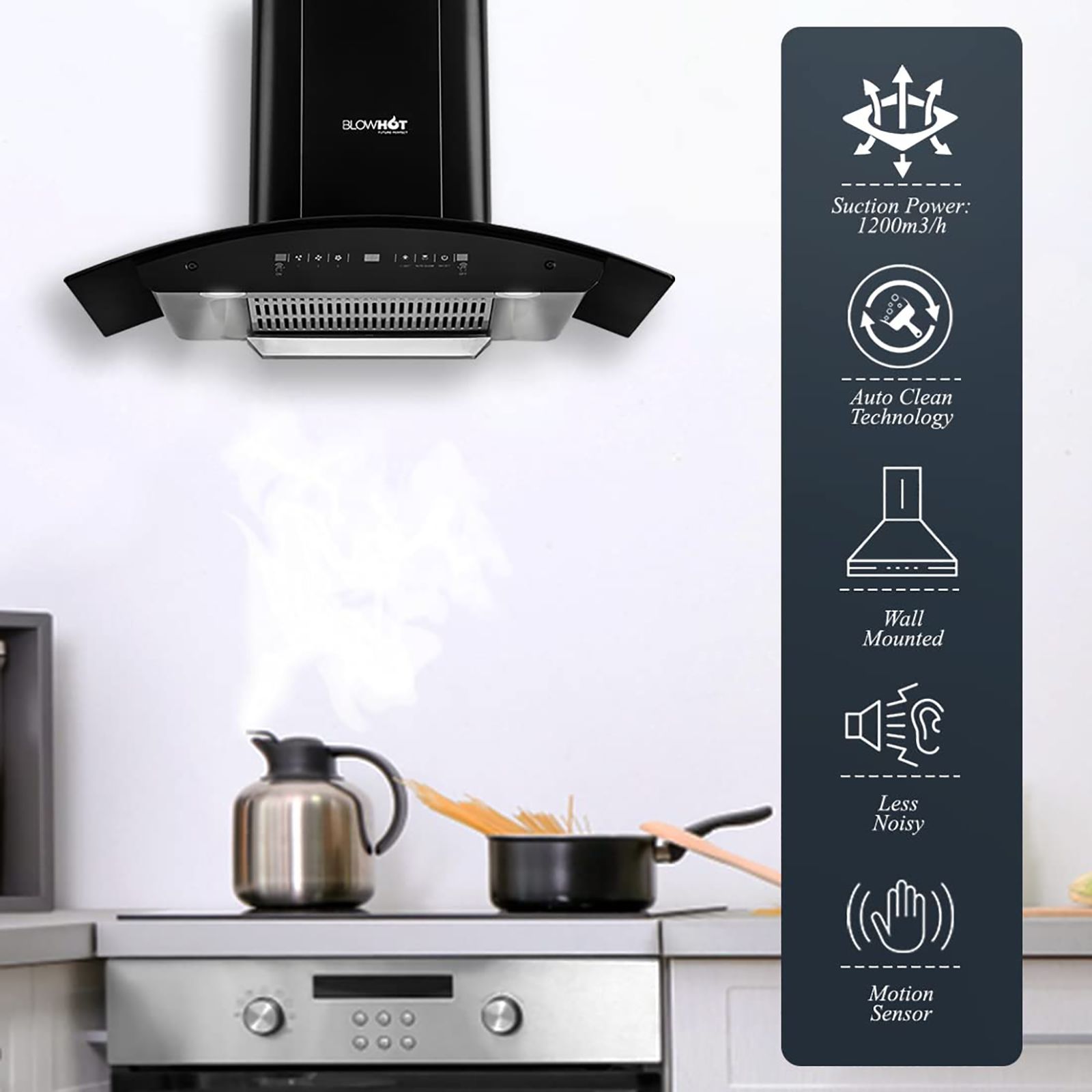 BLOWHOT Evana L BAC MS 90cm 1200m3/hr Ducted Auto Clean Wall Mounted Chimney with Motion Sensor (Matt Black)_8