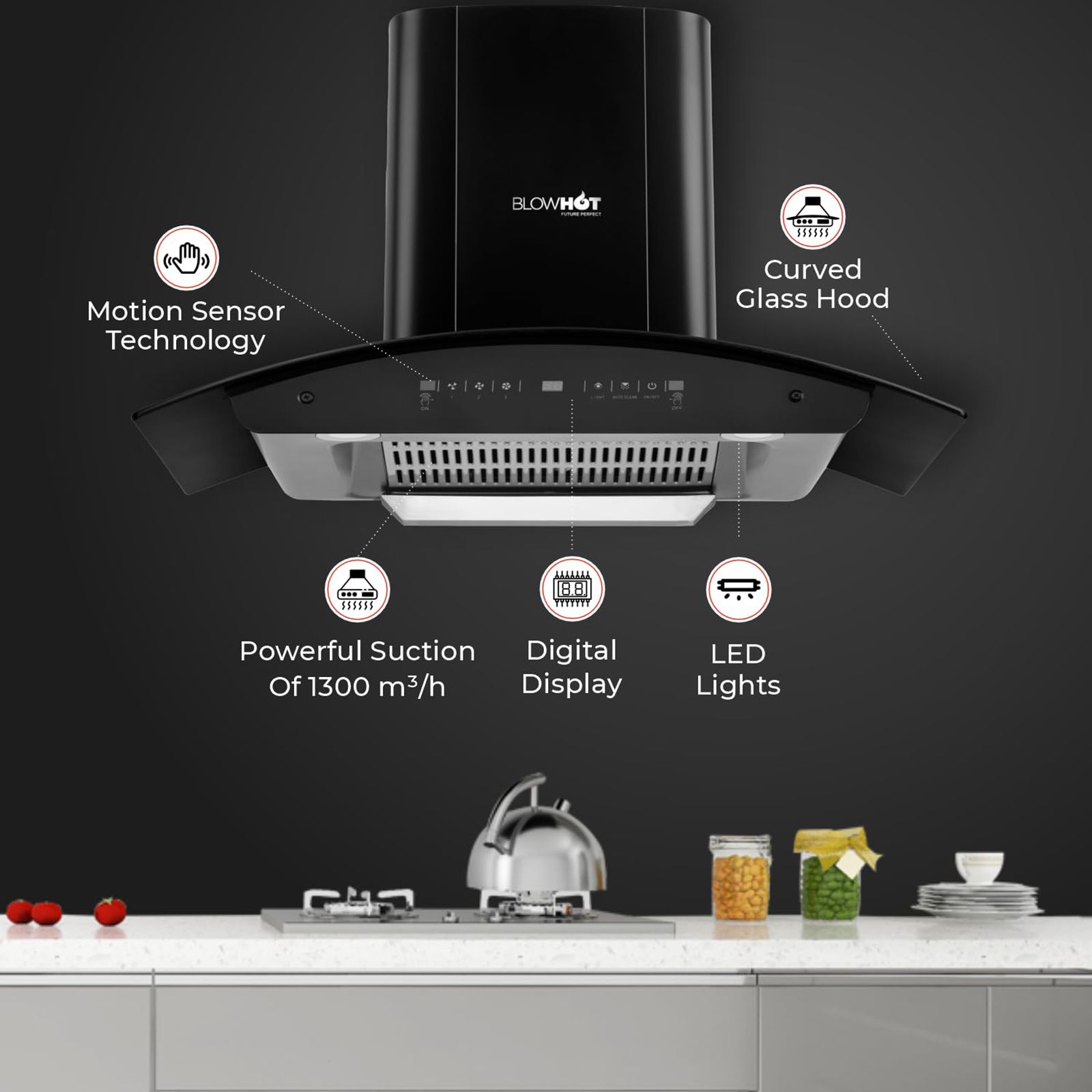 BLOWHOT Evana L BAC MS 90cm 1200m3/hr Ducted Auto Clean Wall Mounted Chimney with Motion Sensor (Matt Black)_14