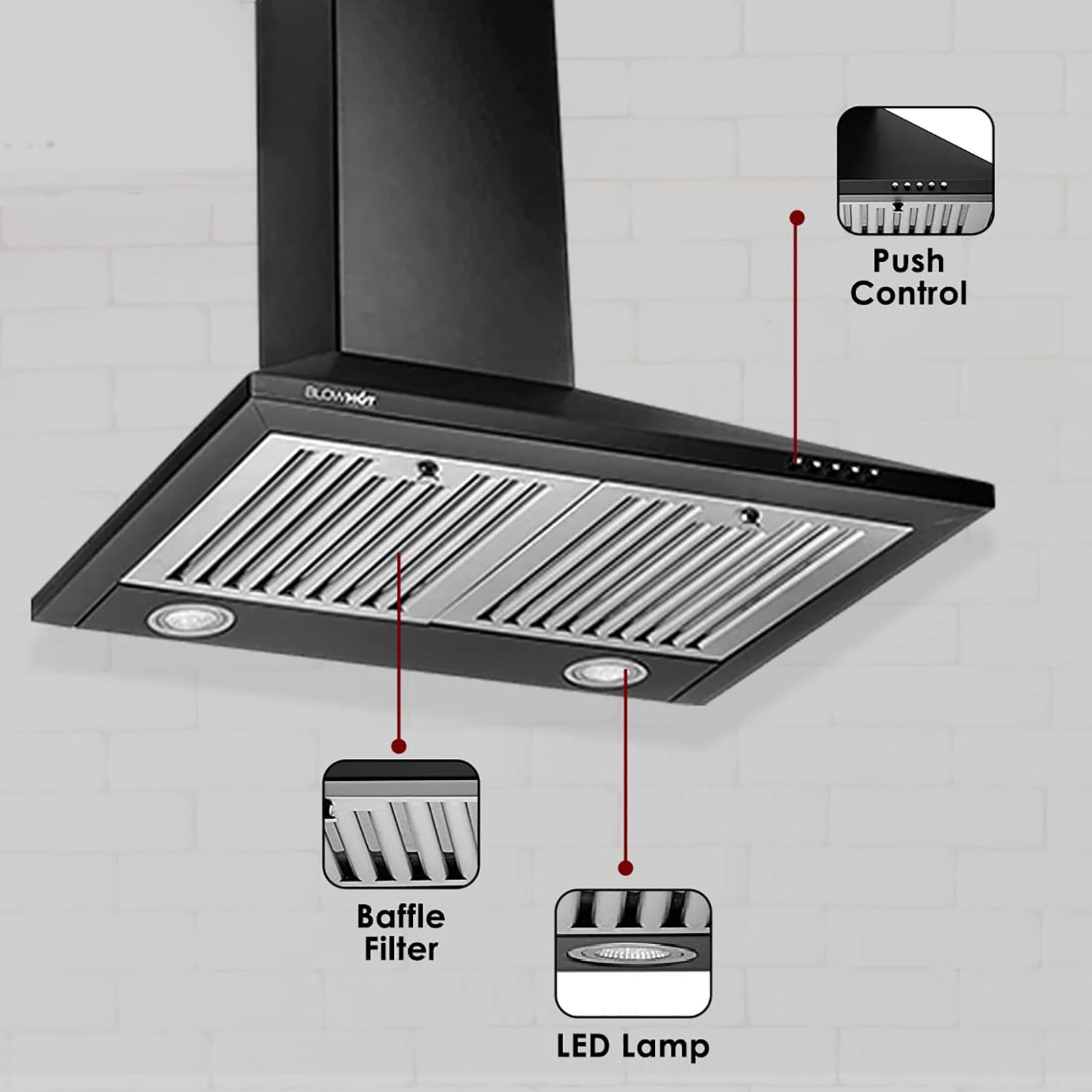 BLOWHOT IRIS S BPC 60cm 800m3/hr Ducted Wall Mounted Chimney with 2 LED Lights (Black)_7