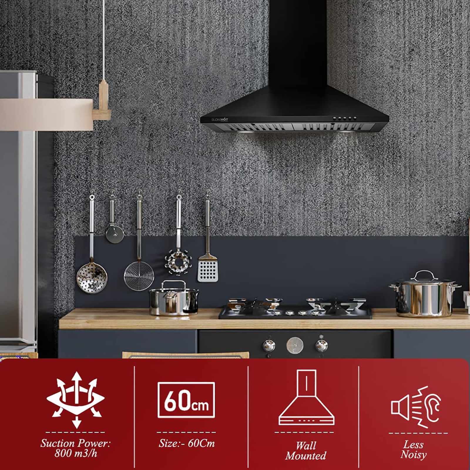 BLOWHOT IRIS S BPC 60cm 800m3/hr Ducted Wall Mounted Chimney with 2 LED Lights (Black)_8