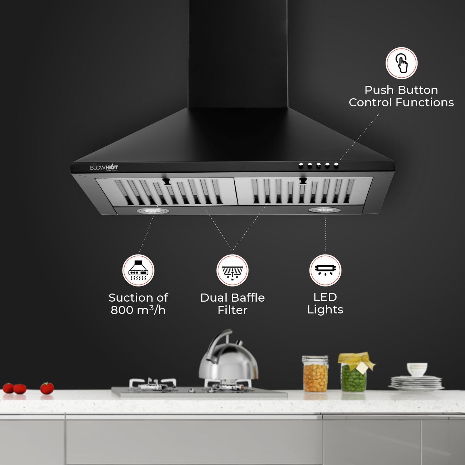 BLOWHOT IRIS S BPC 60cm 800m3/hr Ducted Wall Mounted Chimney with 2 LED Lights (Black)_12