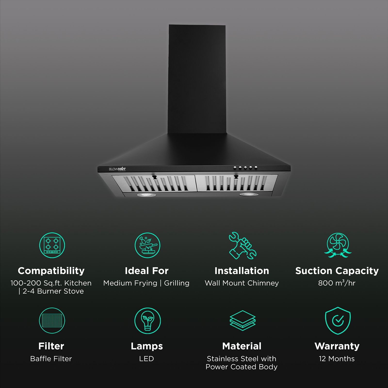 BLOWHOT IRIS S BPC 60cm 800m3/hr Ducted Wall Mounted Chimney with 2 LED Lights (Black)_2