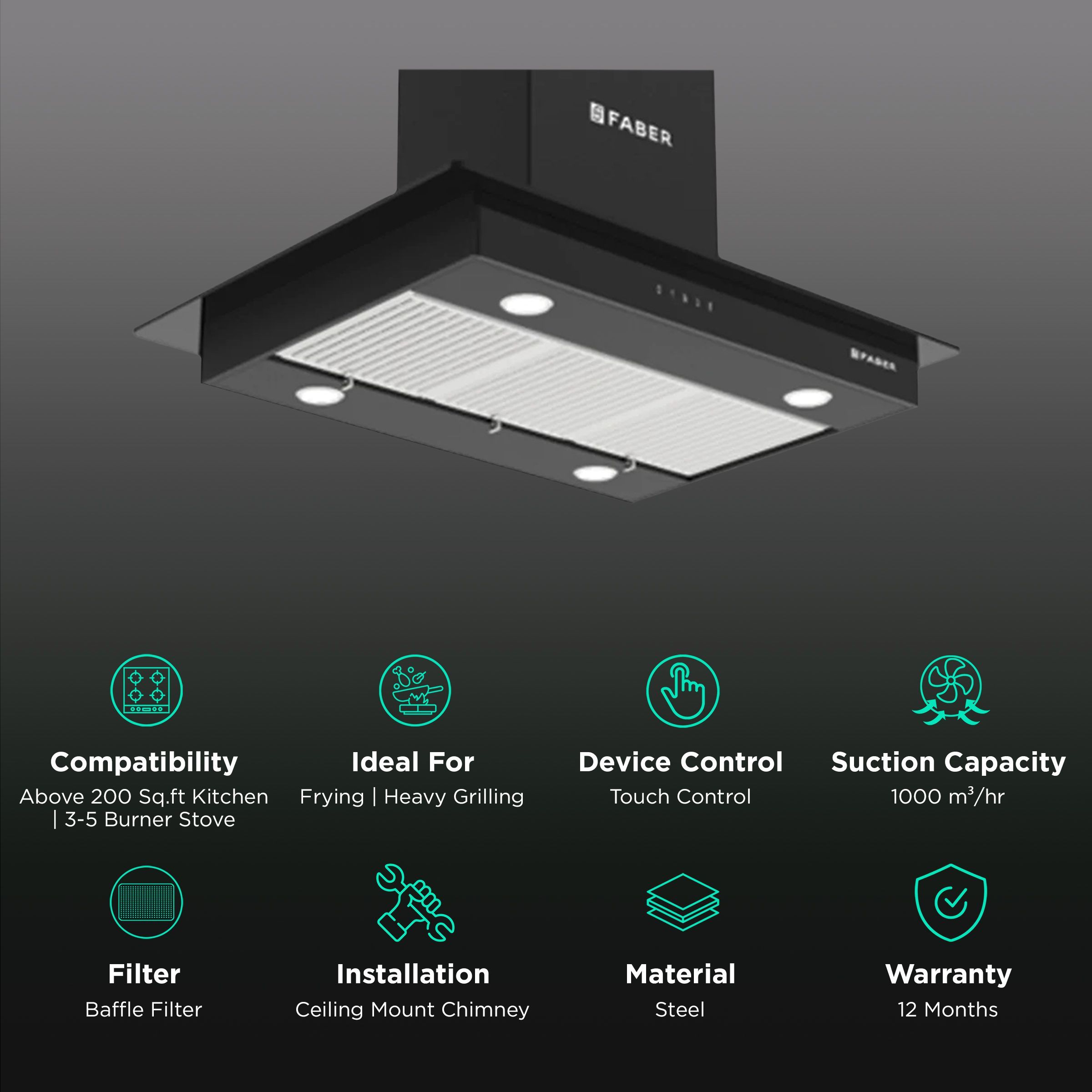 FABER HERCULES ISOLA DTC BK 90cm 1000m3/hr Ducted Ceiling Mounted Chimney with Touch Control Panel (Black)_3