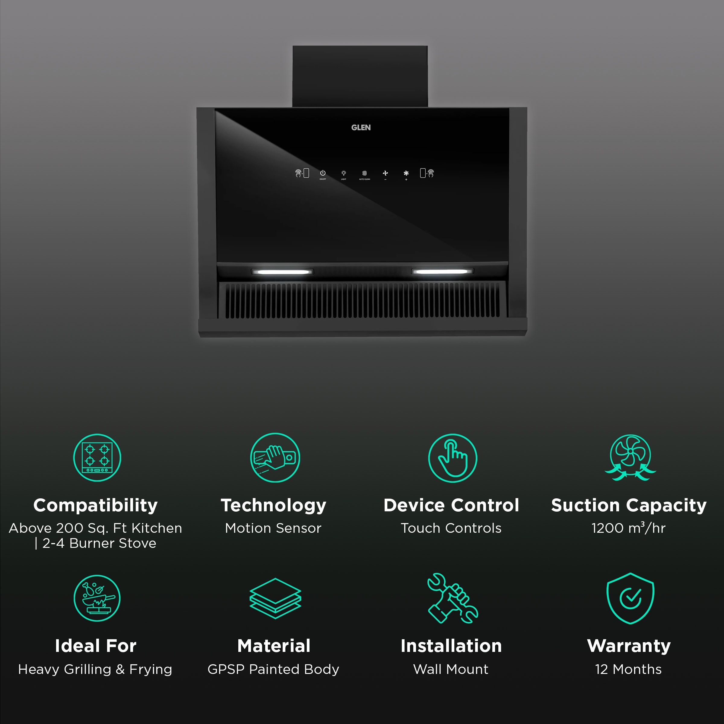 GLEN 6072 SX BL MS 60cm 1200m3/hr Ductless Auto Clean Wall Mounted Chimney with Touch Control Panel (Black)_3