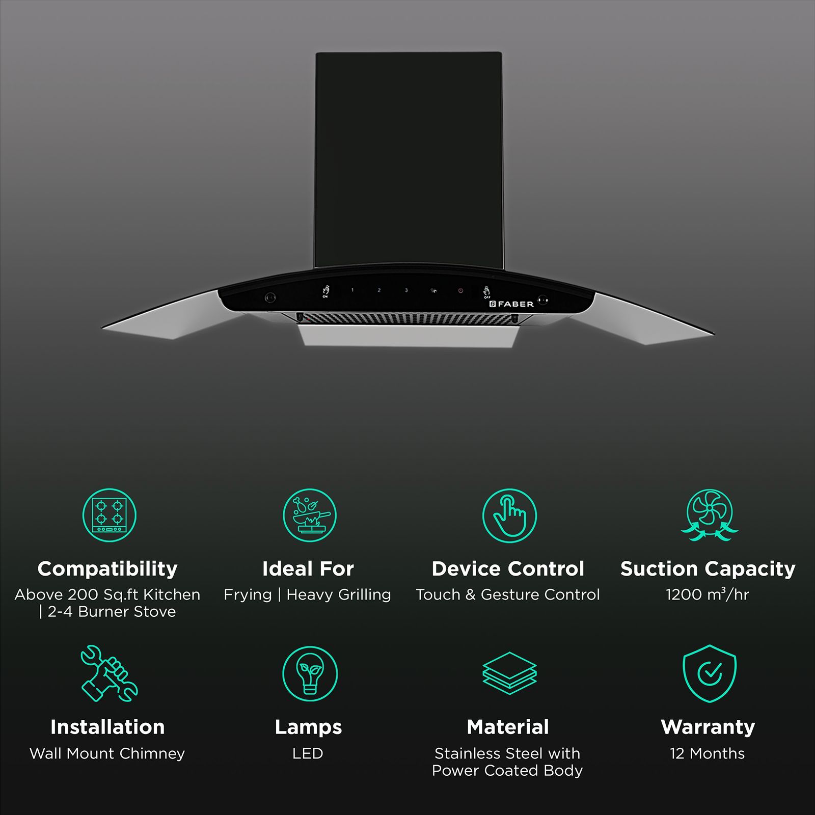 FABER FLORENCE FL SC AC BK 60cm 1200m3/hr Ducted Auto Clean Wall Mounted Chimney with Touch & Gesture Control (Black)_3
