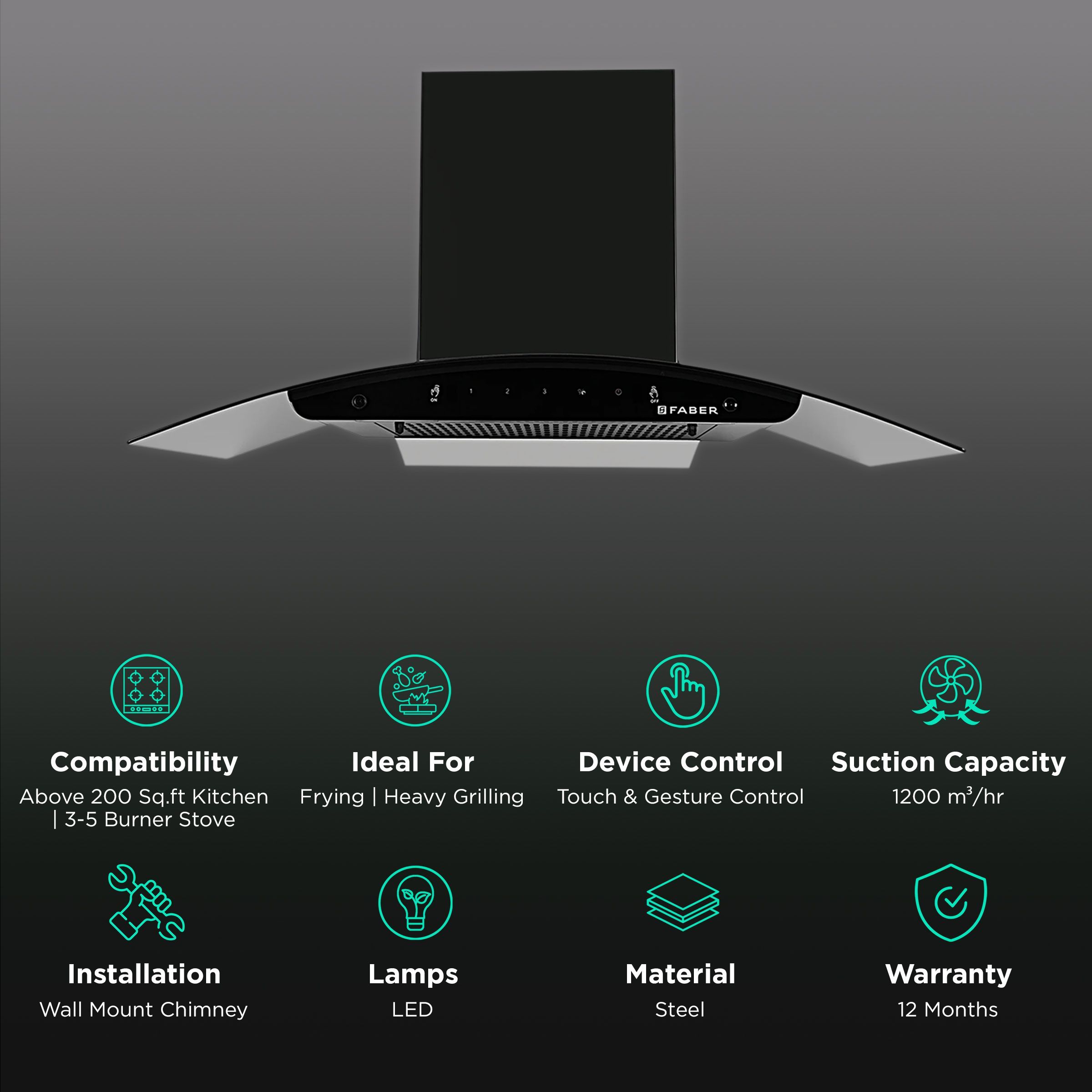 FABER FLORENCE FL SC AC BK 90cm 1200m3/hr Ducted Auto Clean Wall Mounted Chimney with Touch & Gesture Control (Black)_3