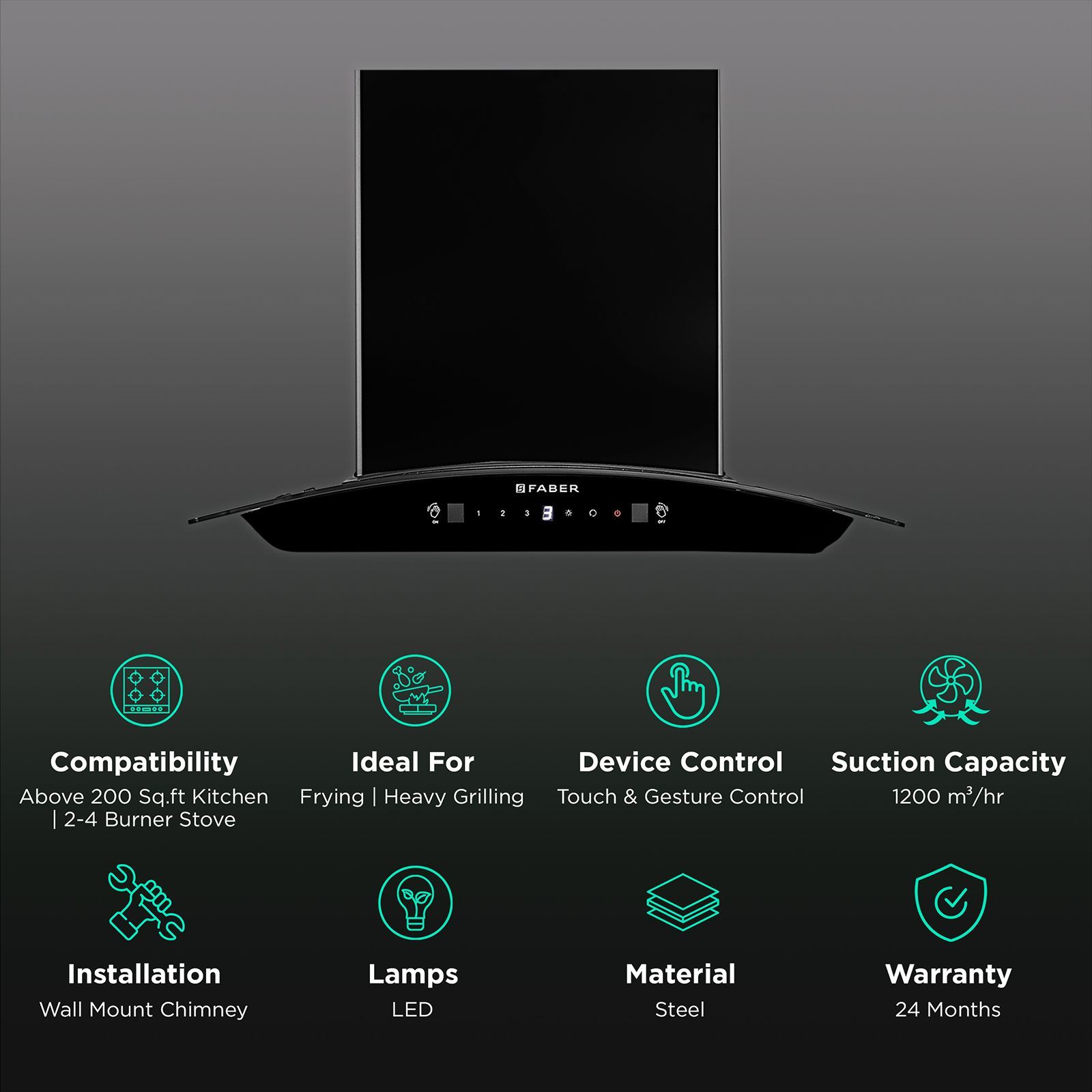 FABER SUNNY IN HC SC FL LG 60cm 1200m3/hr Ducted Auto Clean Wall Mounted Chimney with Touch & Gesture Control (Black)_3