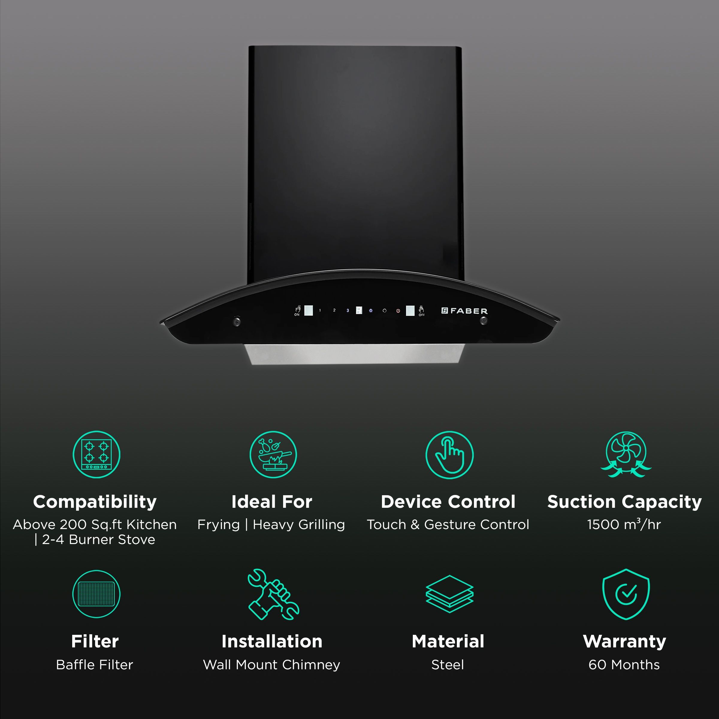 FABER PRIMUS PLUS ENERGY IND HC SC BK 60cm 1500m3/hr Ducted Auto Clean Wall Mounted Chimney with Touch & Gesture Control (Black)_3