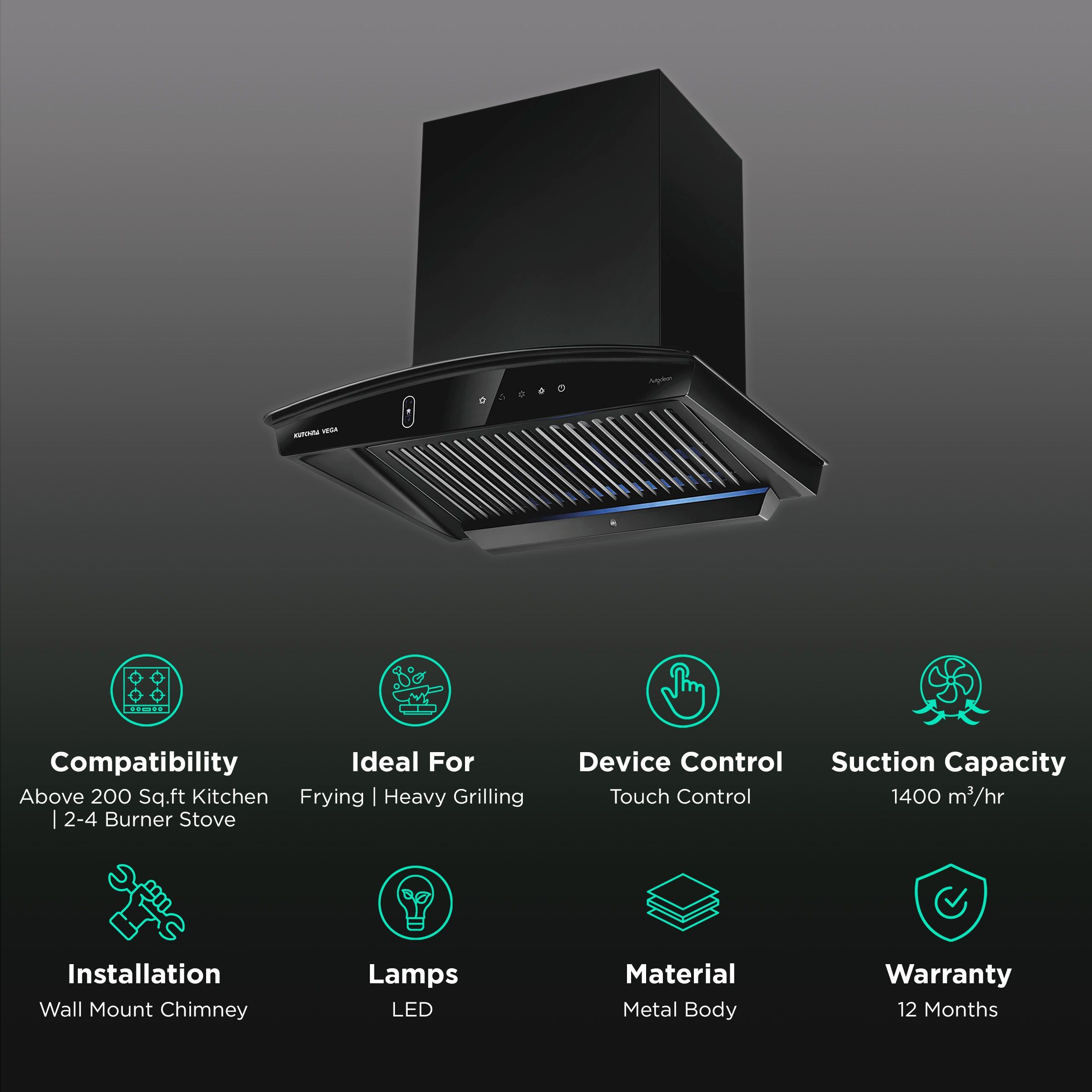 Kutchina VEGA DLX 60cm 1400m3/hr Ducted Auto Clean Wall Mounted Chimney with Touch Control Panel (Black) Kutchina VEGA DLX 60cm 1400m3/hr Ducted Auto Clean Wall Mounted Chimney with Touch Control Panel (Black)_3