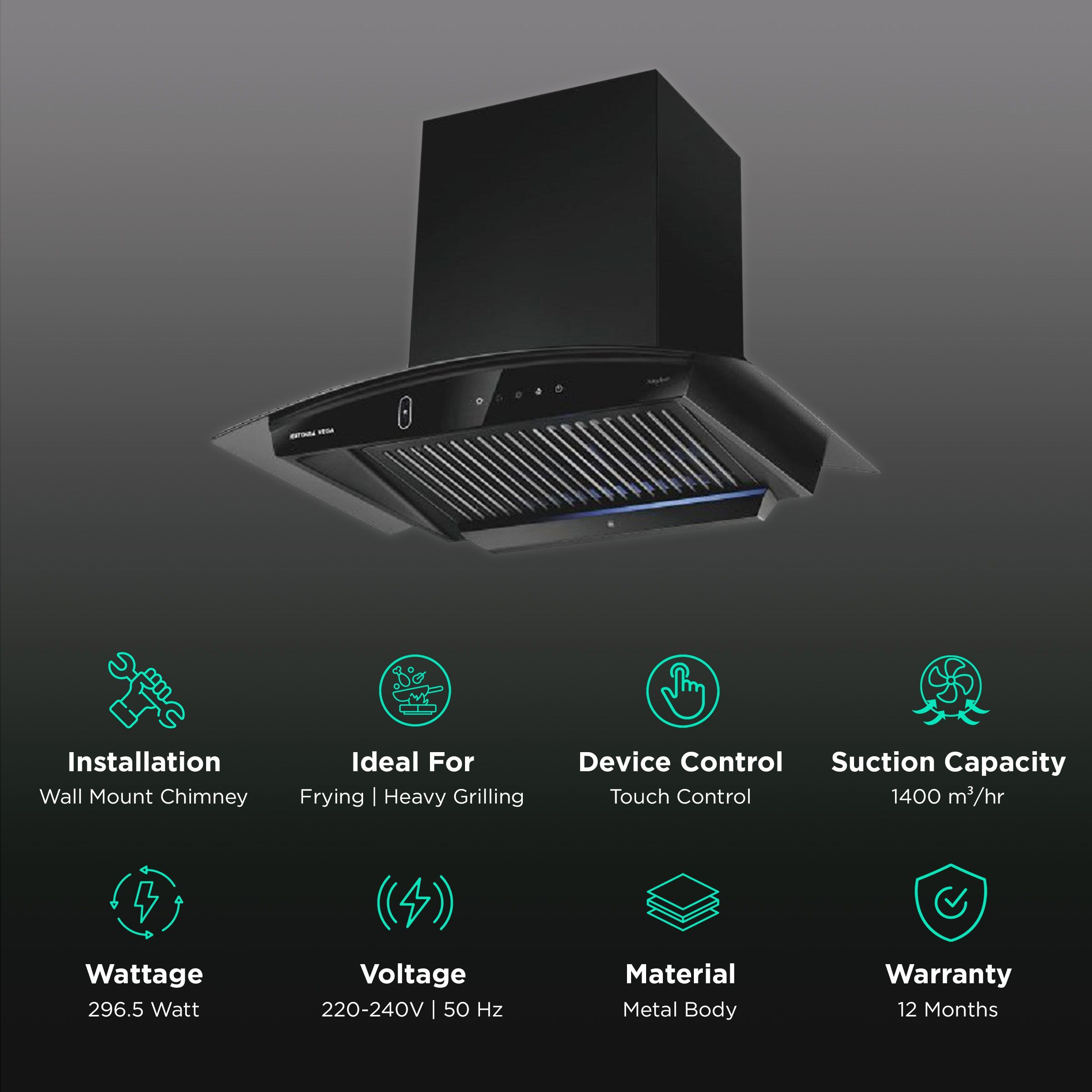 Kutchina VEGA DLX 75cm 1400m3/hr Ducted Auto Clean Wall Mounted Chimney with Touch Control Panel (Black)_3