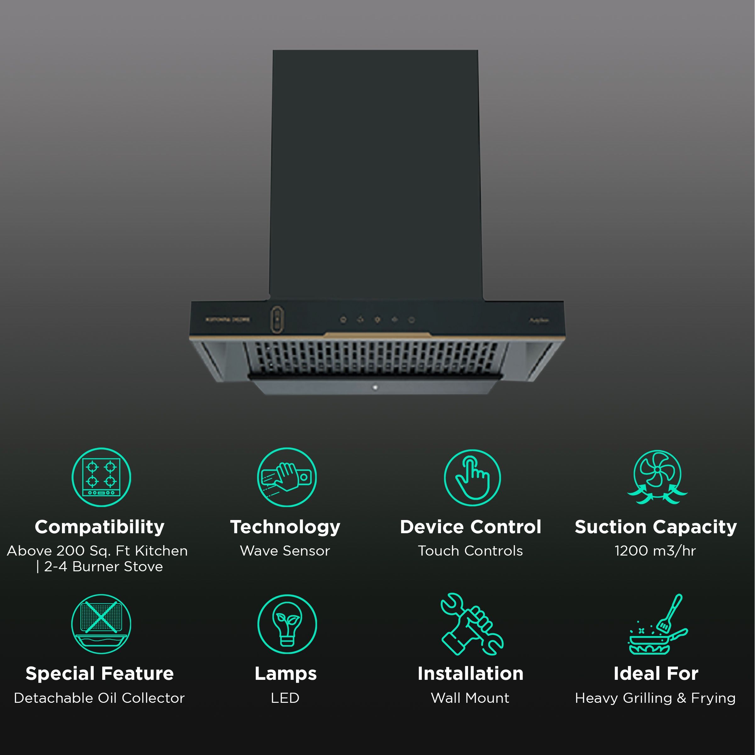 Kutchina DEZIRE 60 60cm 1200m3/hr Ducted Auto Clean Wall Mounted Chimney with Wave Sensor (Black)_3
