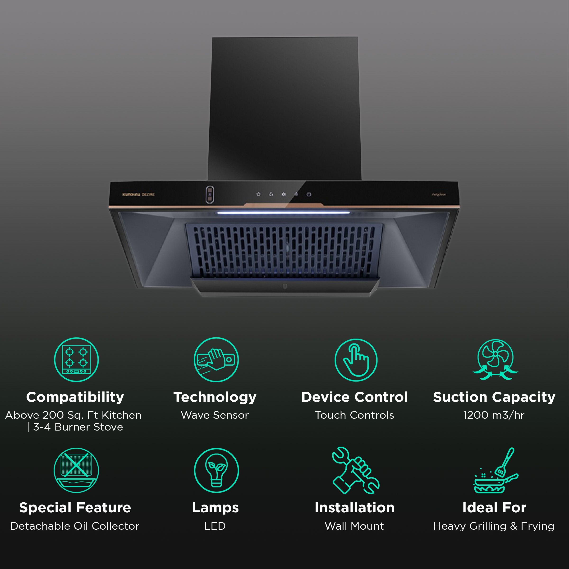 Kutchina DEZIRE 75 75cm 1200m3/hr Ducted Auto Clean Wall Mounted Chimney with Wave Sensor (Black)_3