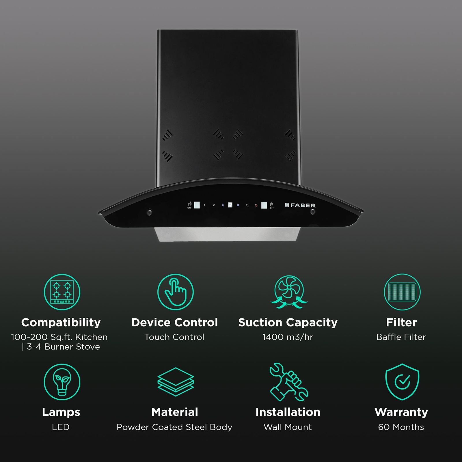 FABER HOOD ELLORA 3D IN HC SC BF BK 60cm 1400m3/hr Ductless Auto Clean Wall Mounted Chimney with Baffle Filter (Black)_3