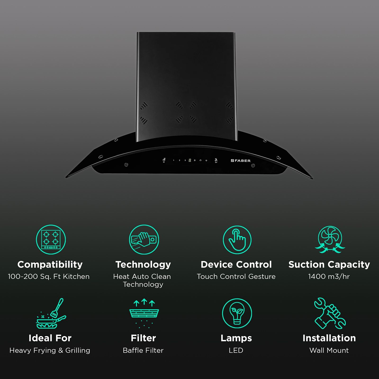 FABER Hood Ellora 3D IN HC SC BF BK 90cm 1400m3/hr Ducted Auto Clean Wall Mounted Chimney with Baffle Filter (Black)_3
