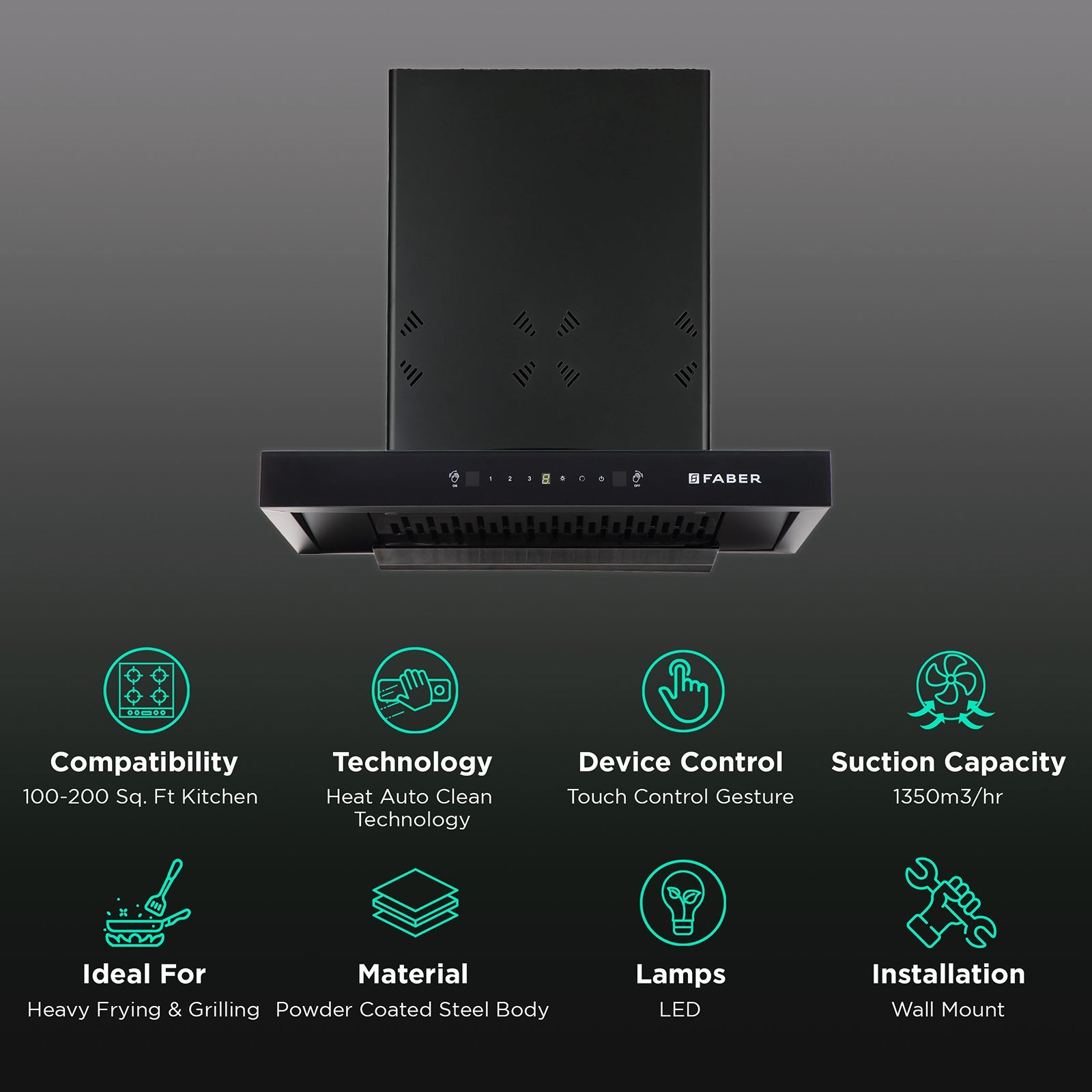 FABER HOOD CYGNUS IN 3D HC SC FL BK 60cm 1350m3/hr Ducted Auto Clean Wall Mounted Chimney with Odor Sensor (Black)_3