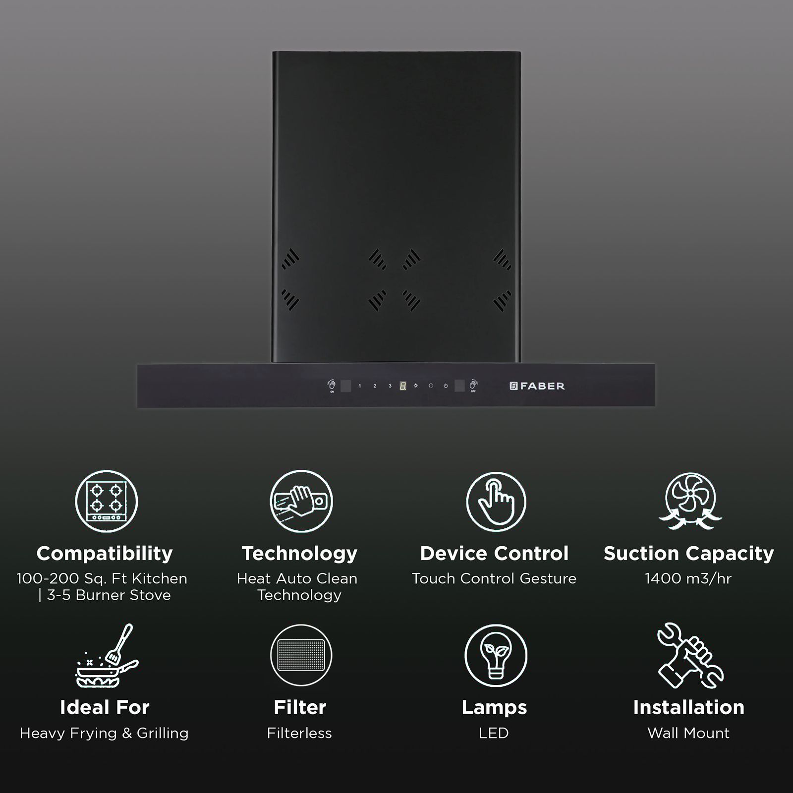 FABER HOOD CYGNUS IN 3D HC SC FL BK 75cm 1400m3/hr Ducted Auto Clean Wall Mounted Chimney with Odor Sensor (Black)_3