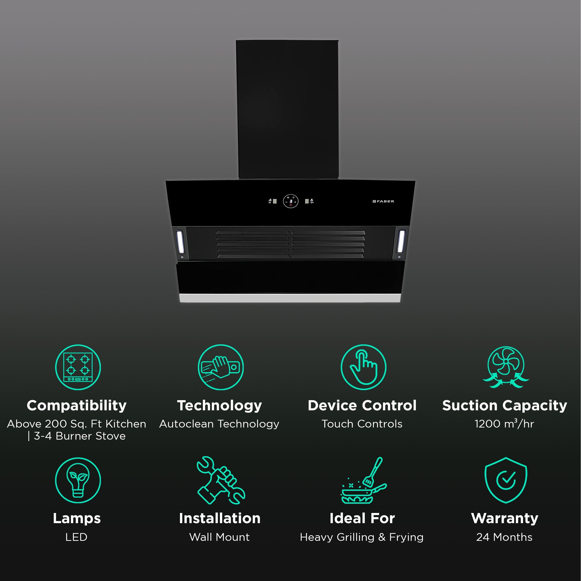 Faber Hood Vertigo 75cm 1200m3/hr Ducted Auto Clean Wall Mounted Chimney with Filterless Technology (Black)_3