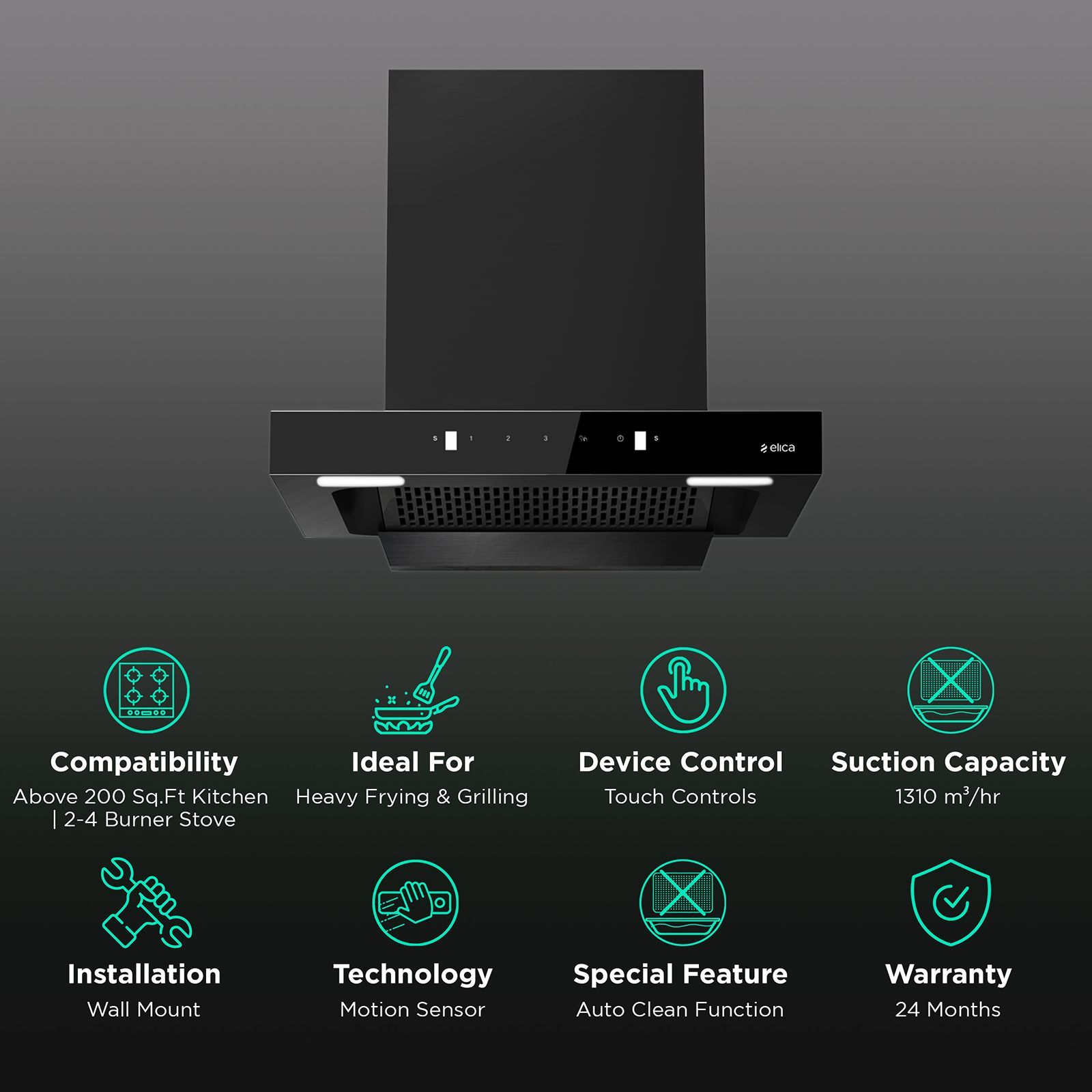 elica Kitchenhood 60cm 1310m3/hr Ducted Auto Clean Wall Mounted Chimney with Motion Sensor Control (Nero)_3