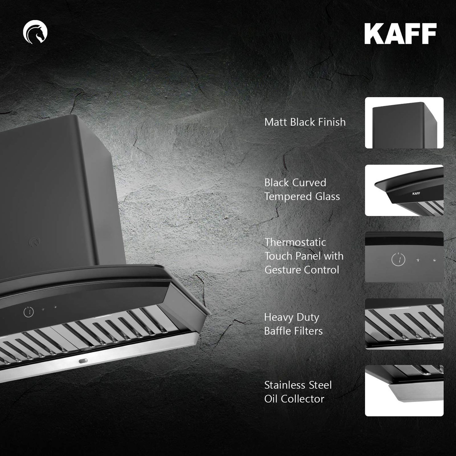 KAFF Sigma 60cm 1250m3/hr Ducted Auto Clean Wall Mounted Chimney with Heavy Duty Baffle Filter (Black)_7