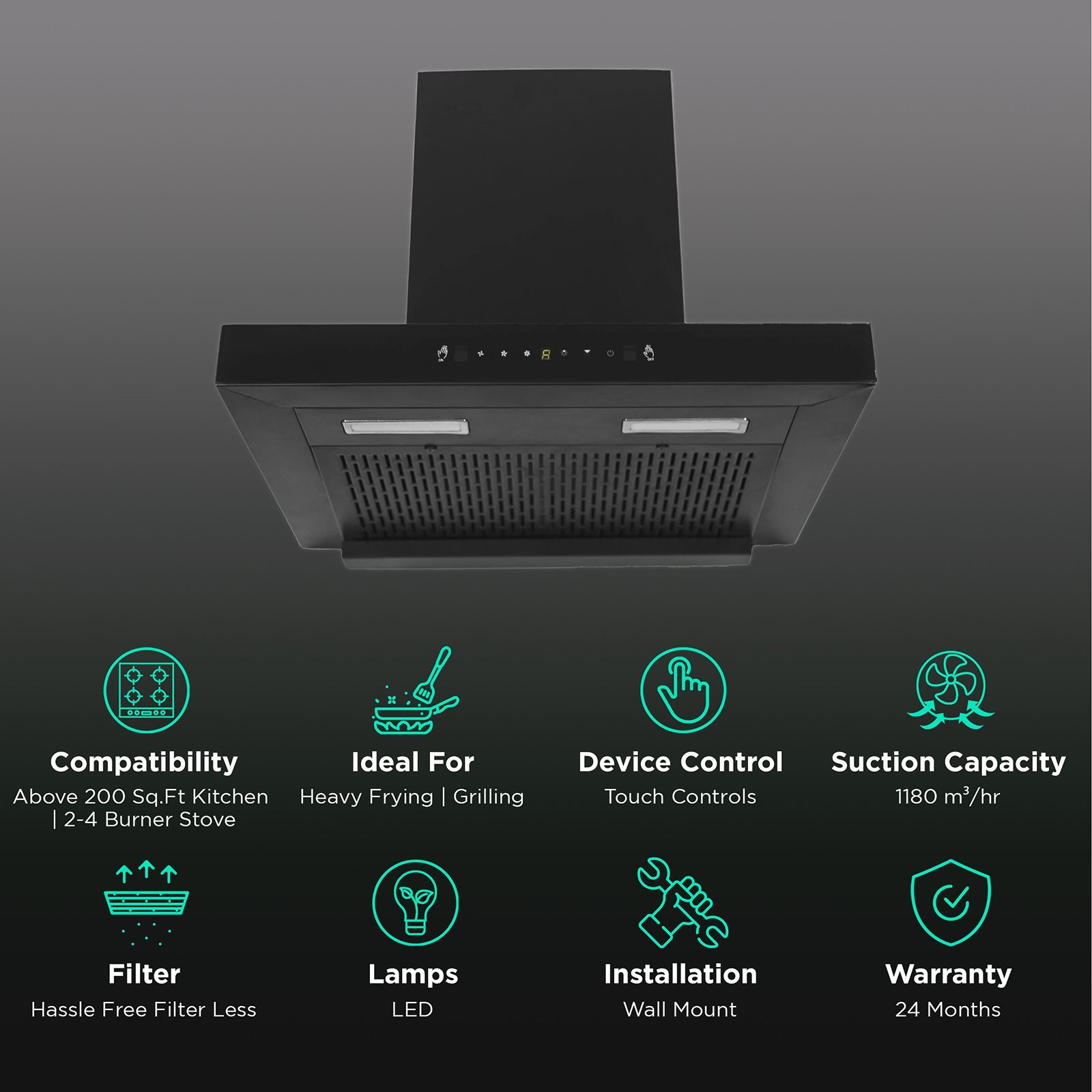 KAFF ASHPRO DHC 60cm 1200m3/hr Ducted Auto Clean Wall Mounted Chimney with Touch Control Panel (Black)_3