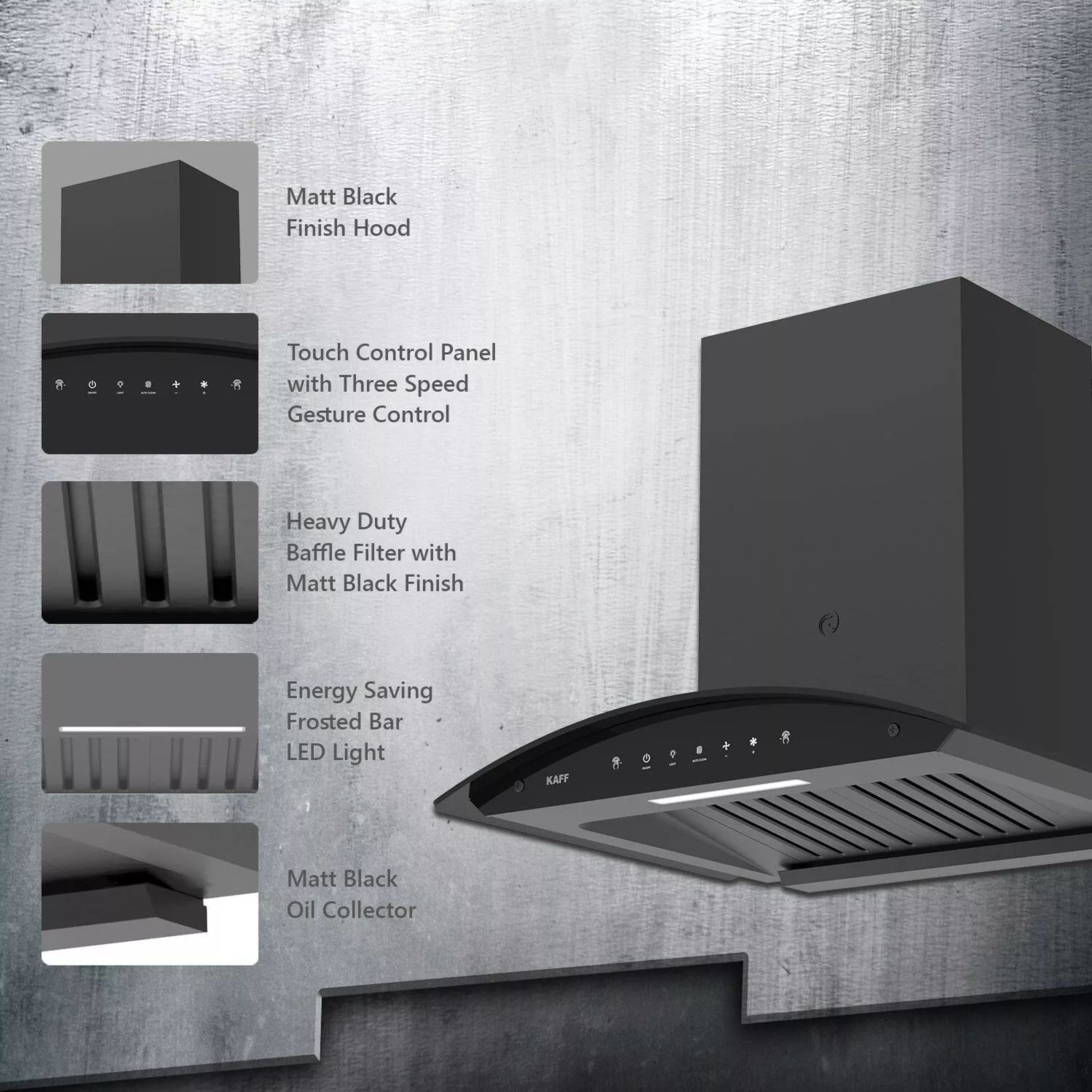 KAFF Lazio 60cm 1200m3/hr Ducted Auto Clean Wall Mounted Chimney with Touch Control Panel (Black)_2