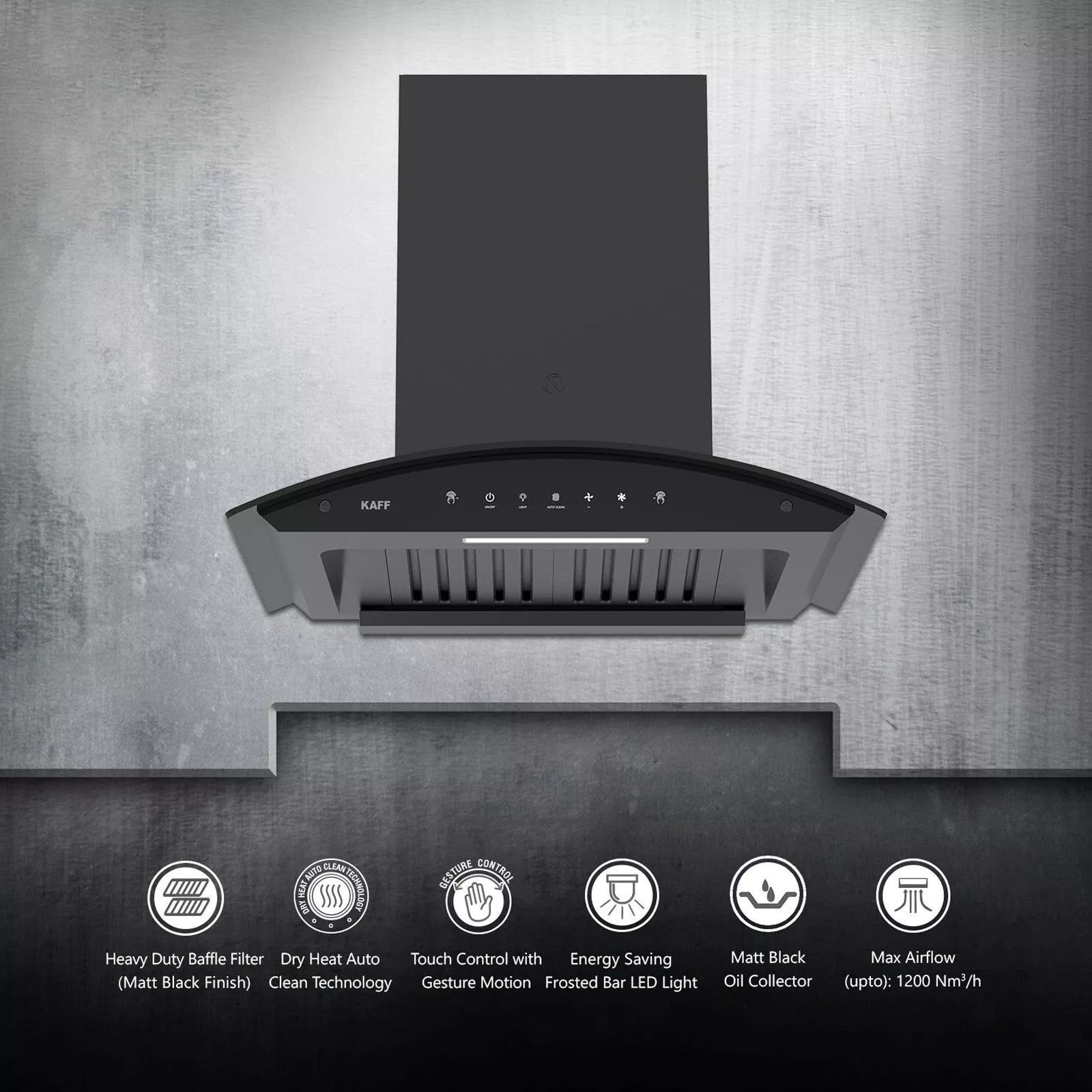 KAFF Lazio 60cm 1200m3/hr Ducted Auto Clean Wall Mounted Chimney with Touch Control Panel (Black)_3