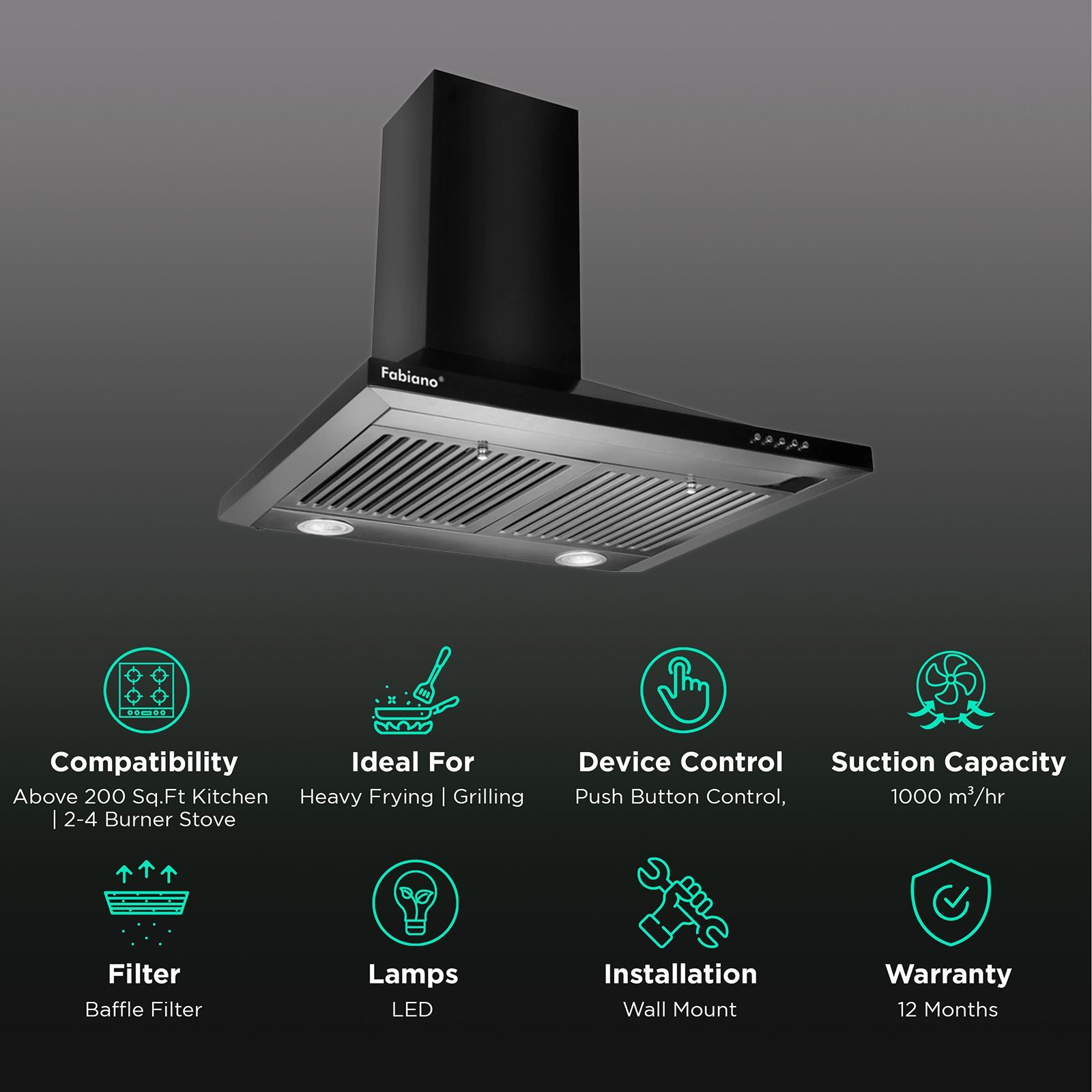 Fabiano Cosmo 60cm 1000m3/hr Ducted Wall Mounted Chimney with Dual Baffle Filters (Black)_3