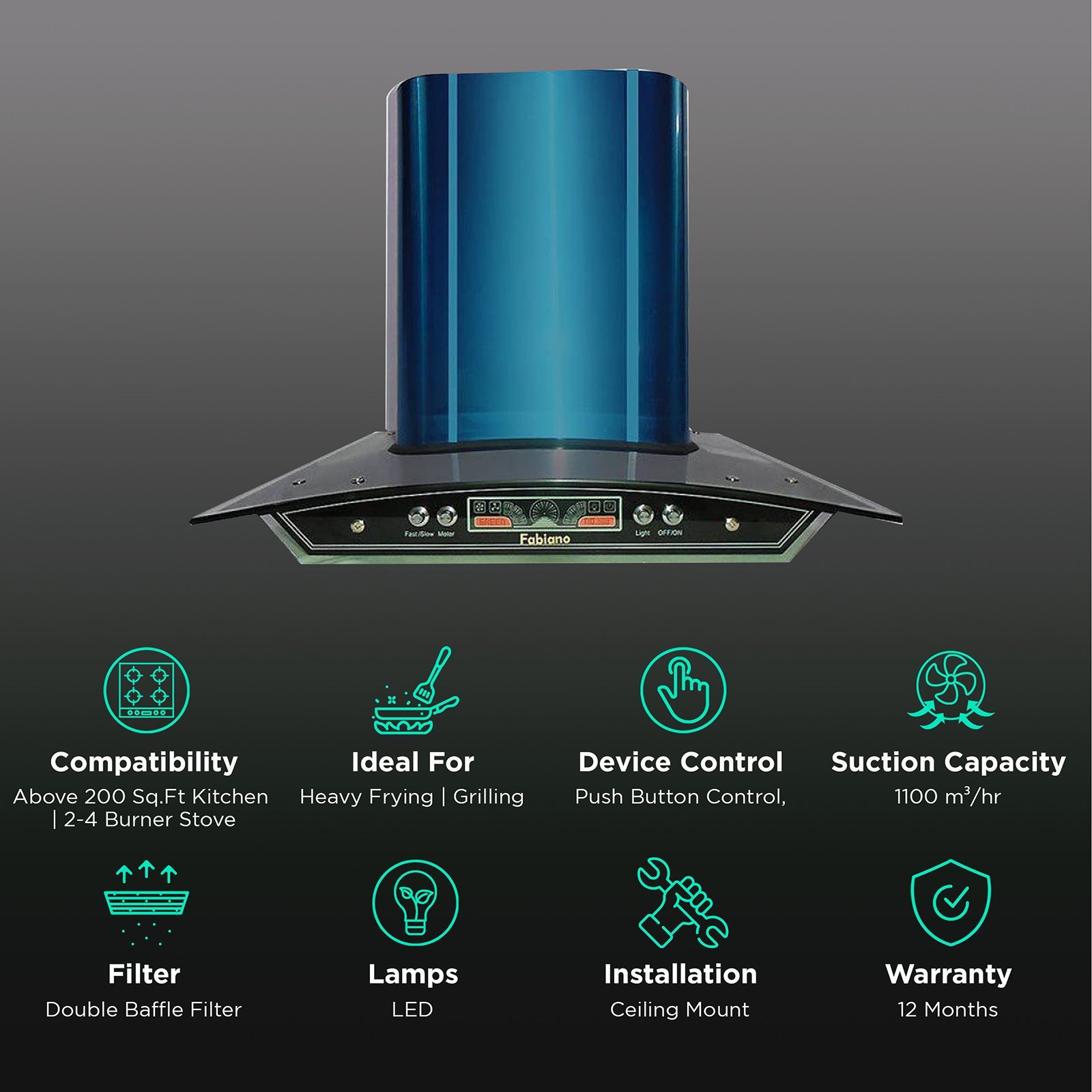 Fabiano NEXA DJ 60cm 1100m3/hr Ducted Auto Clean Ceiling Mounted Chimney with Double Baffle Filter (Blue)_3