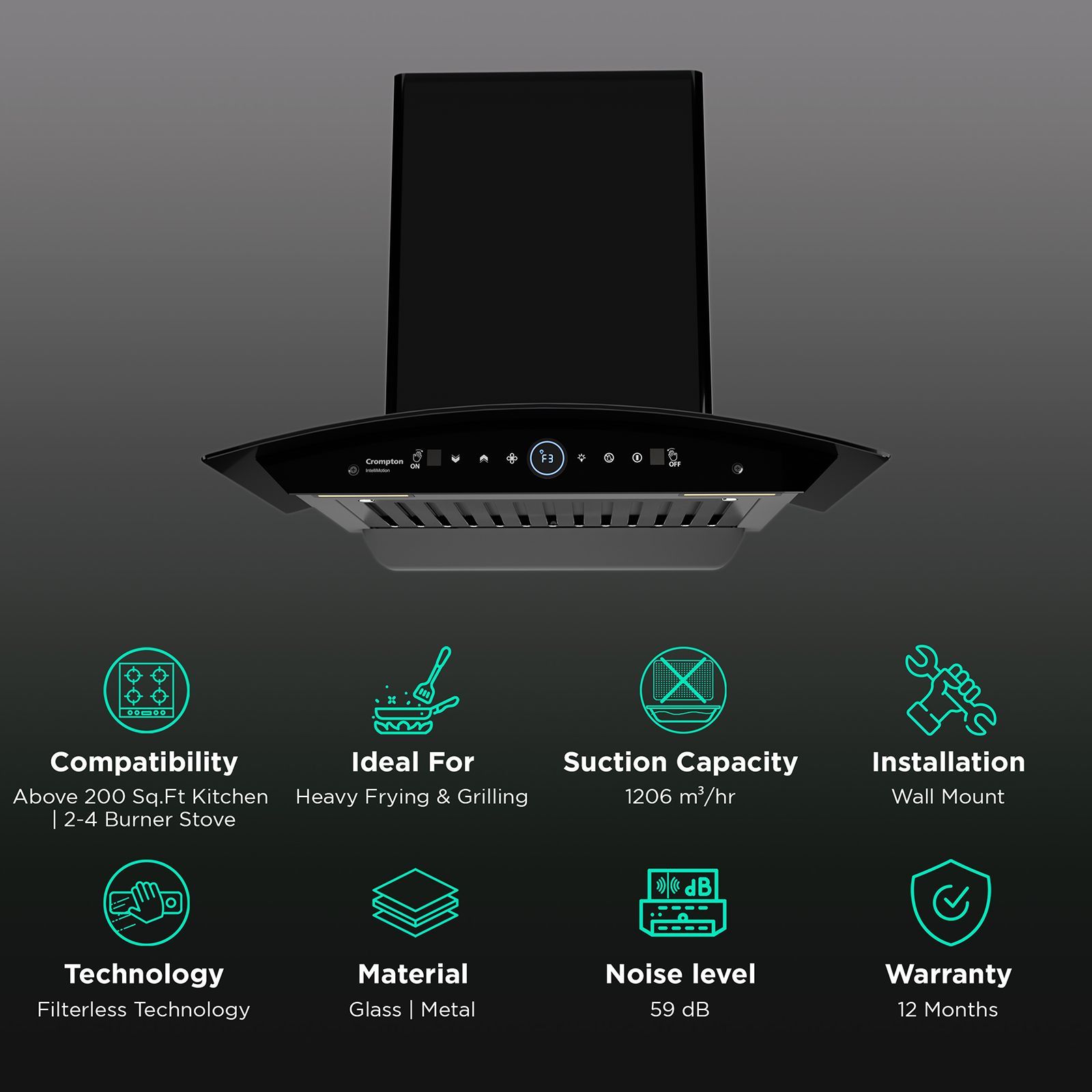 Crompton IntelliMotion 60cm 1206m³/hr Ducted Wall Mounted Chimney with Filterless Technology (Black)_3