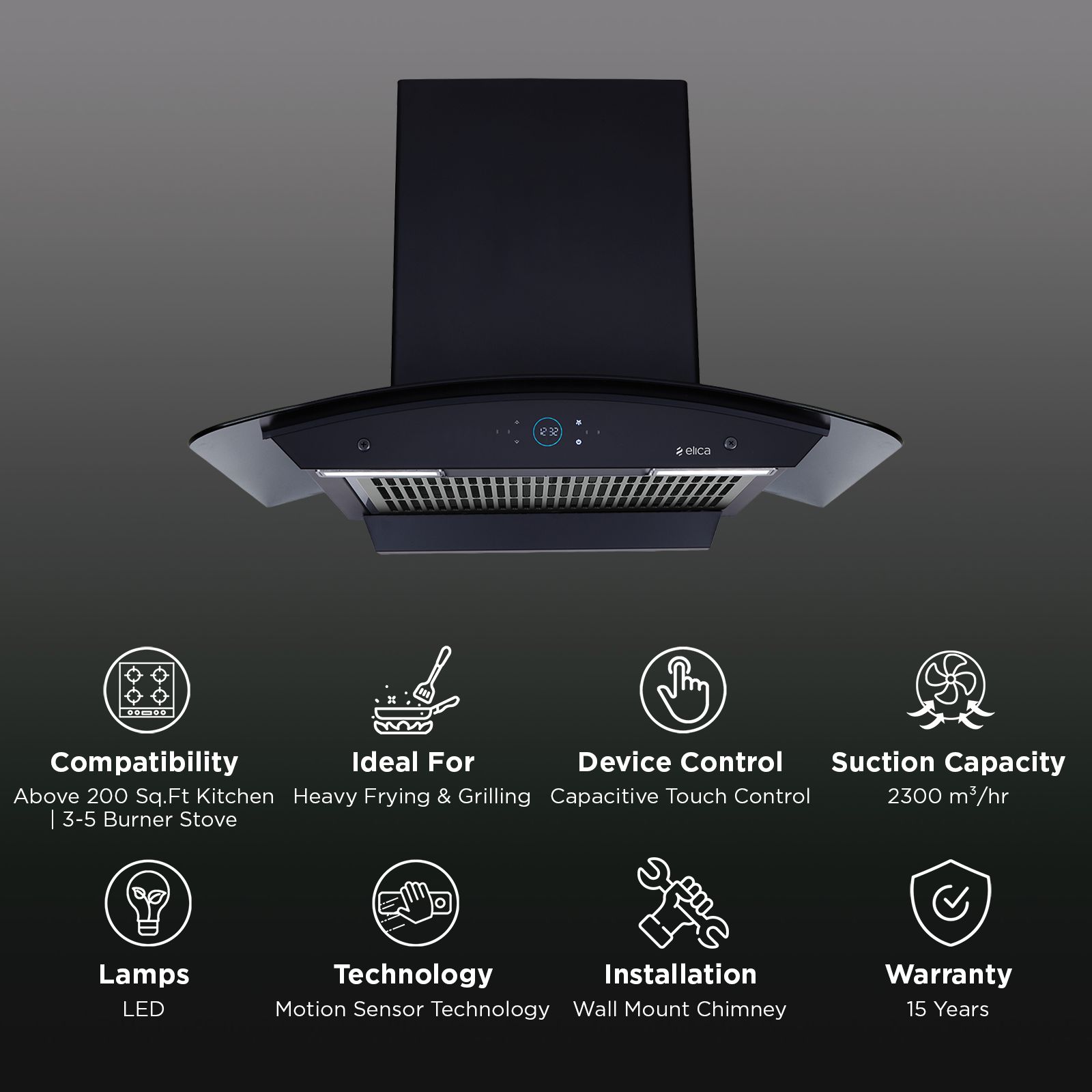 elica ISMART GLACE FL HAC 75 LTW NERO 75cm 2300m3/hr Ducted Auto Clean Wall Mounted Chimney with Motion Sensor (Black)_3