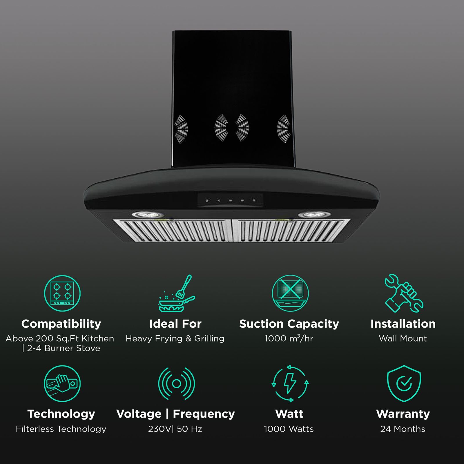 FABER HOOD TRATTO3DTCBKLTW60 61cm 1000m3/hr Ductless Wall Mounted Chimney with Meticulously Designed (Black)_3