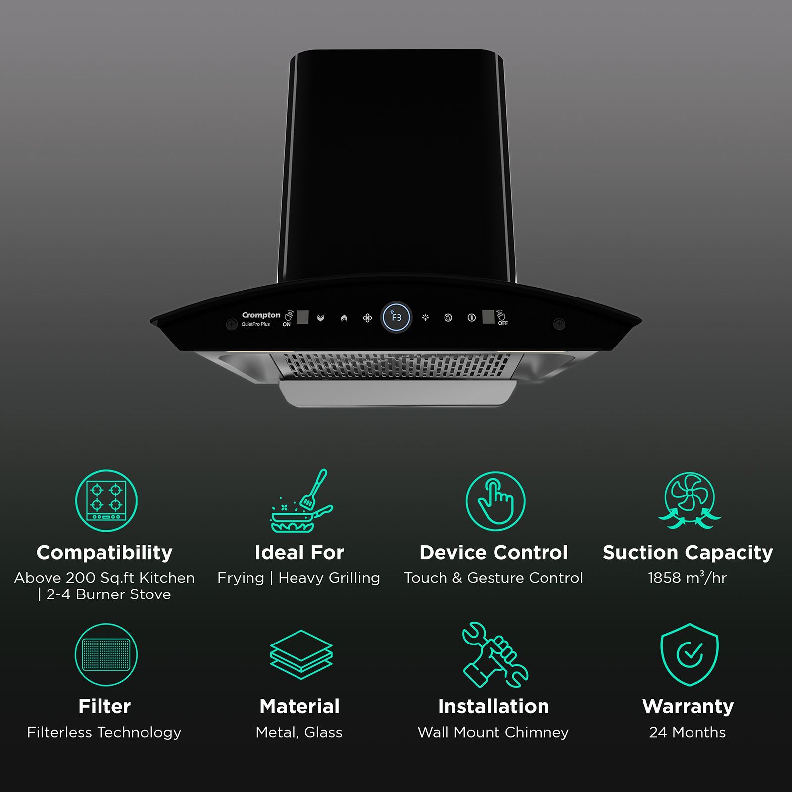 Crompton QuietPro Plus 60cm 1600m3/hr Ducted Auto Clean Wall Mounted Chimney with Gesture Control (Black)_3