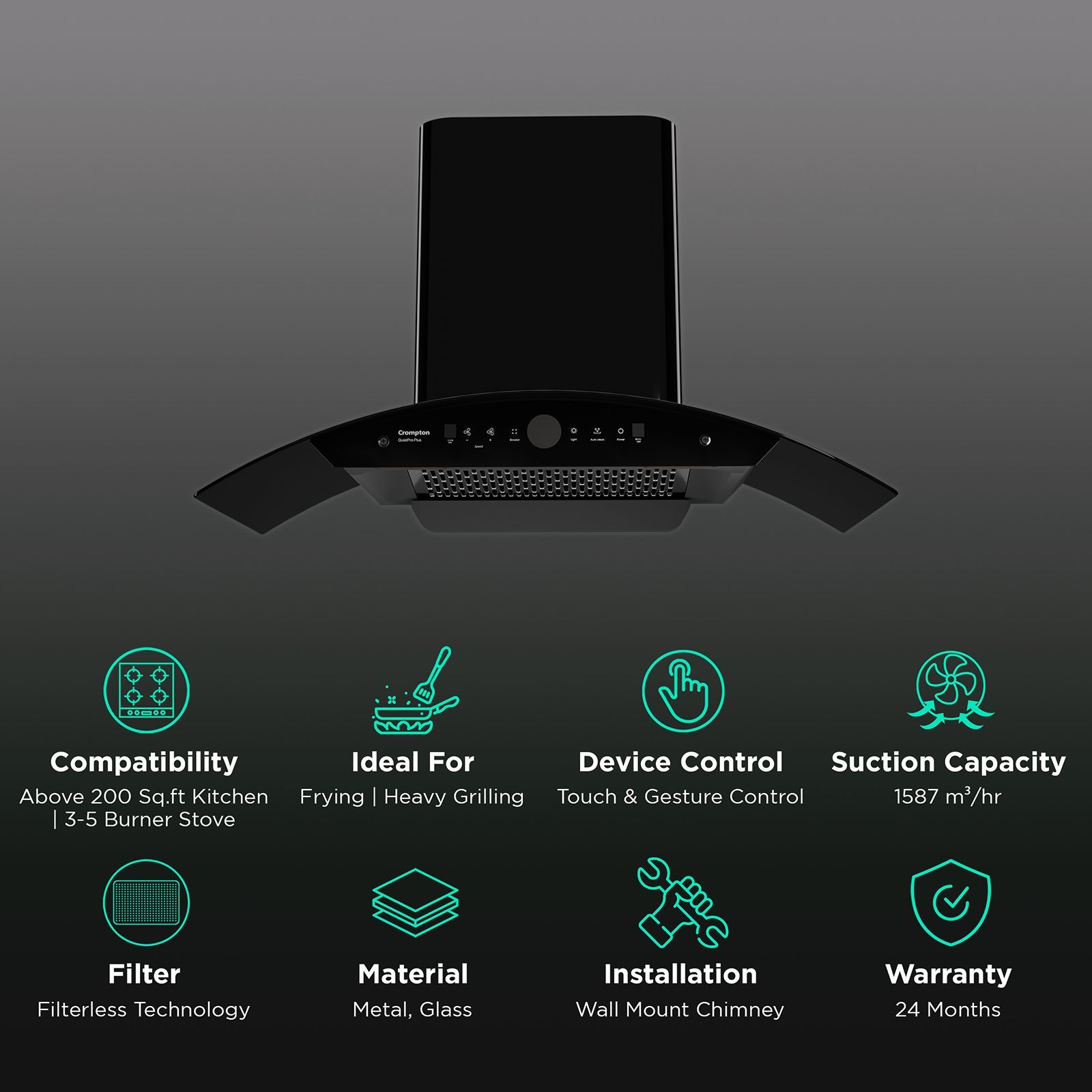 Crompton QuietPro Plus 90cm 1660m³/hr Ducted Auto Clean Wall Mounted Chimney with Gesture Control (Black) Crompton QuietPro Plus 90cm 1660m³/hr Ducted Auto Clean Wall Mounted Chimney with Gesture Control (Black)_3