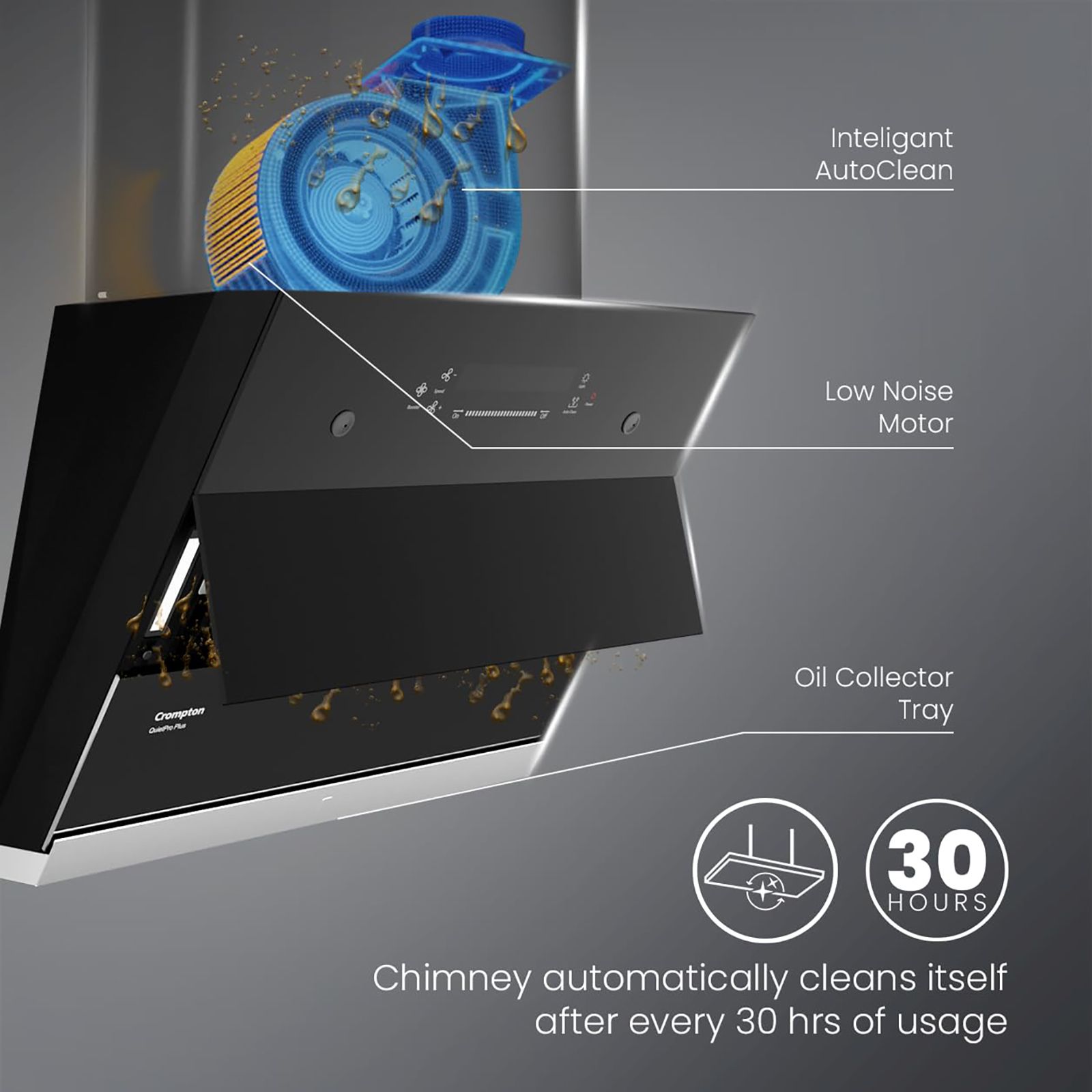 Crompton QuietPro Plus 60cm 1700m³/hr Ducted Auto Clean Wall Mounted Chimney with Gesture Control (Black)_14