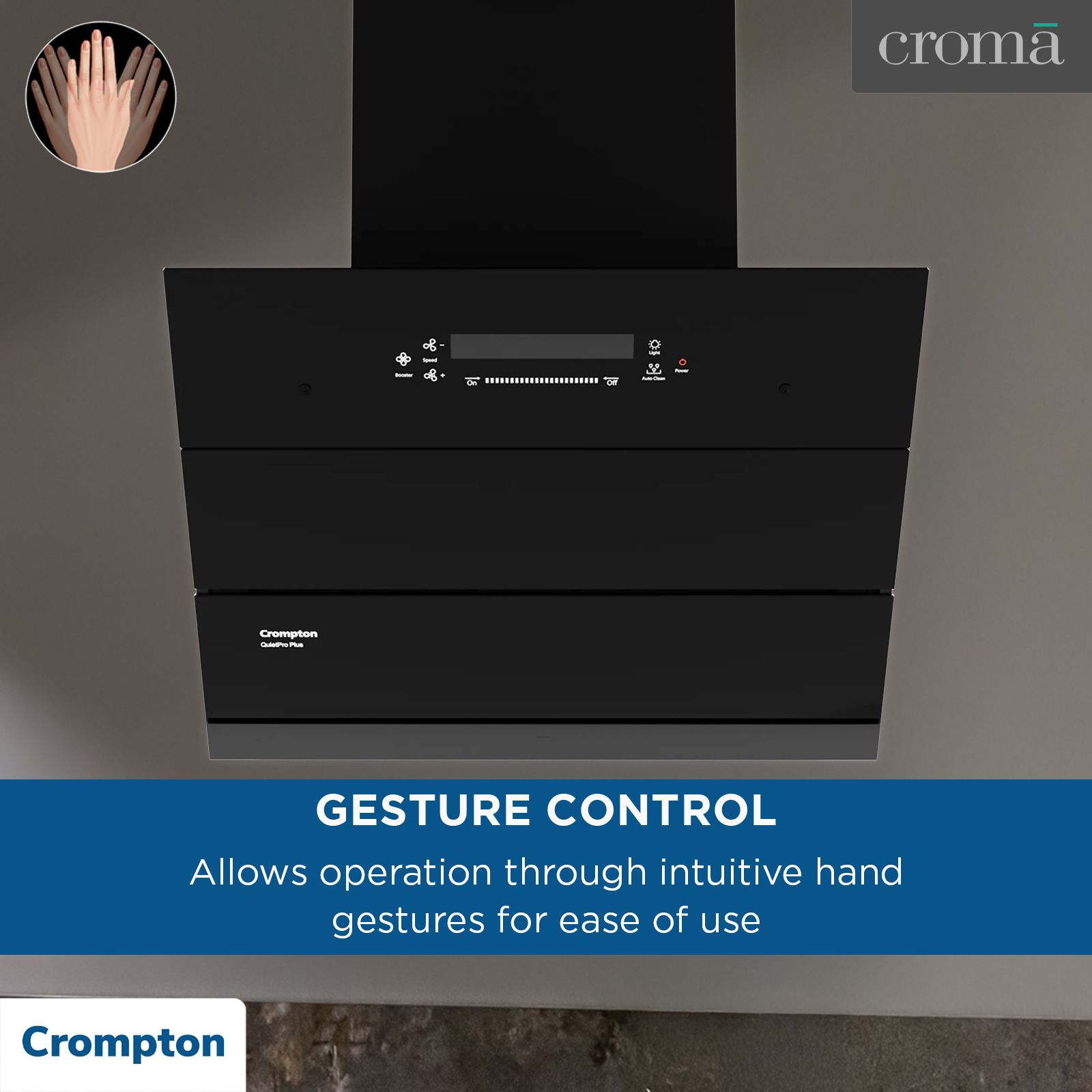 Crompton QuietPro Plus 60cm 1700m³/hr Ducted Auto Clean Wall Mounted Chimney with Gesture Control (Black)_15
