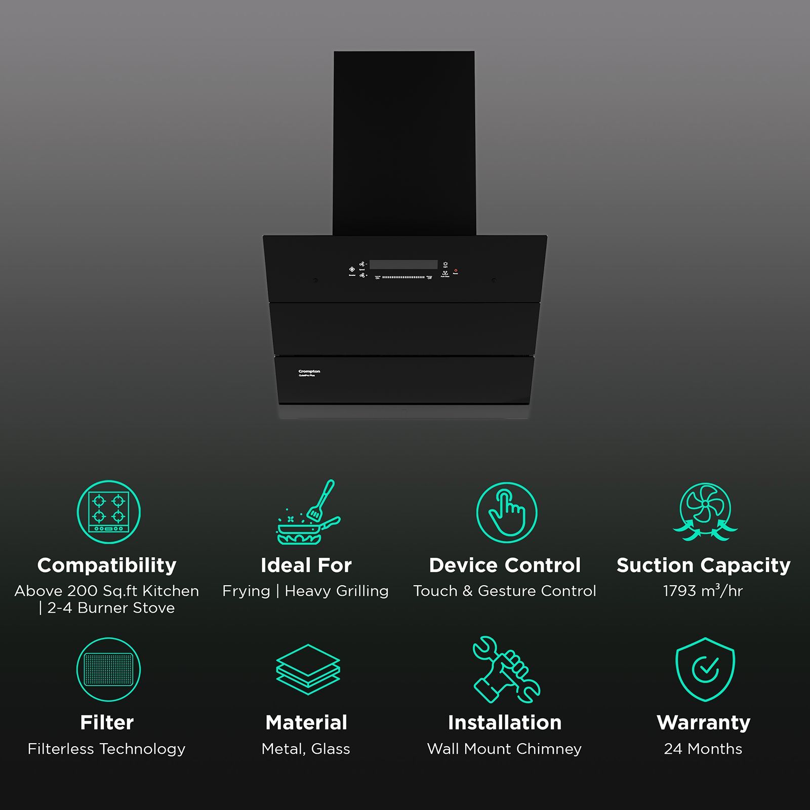 Crompton QuietPro Plus 60cm 1700m³/hr Ducted Auto Clean Wall Mounted Chimney with Gesture Control (Black)_3