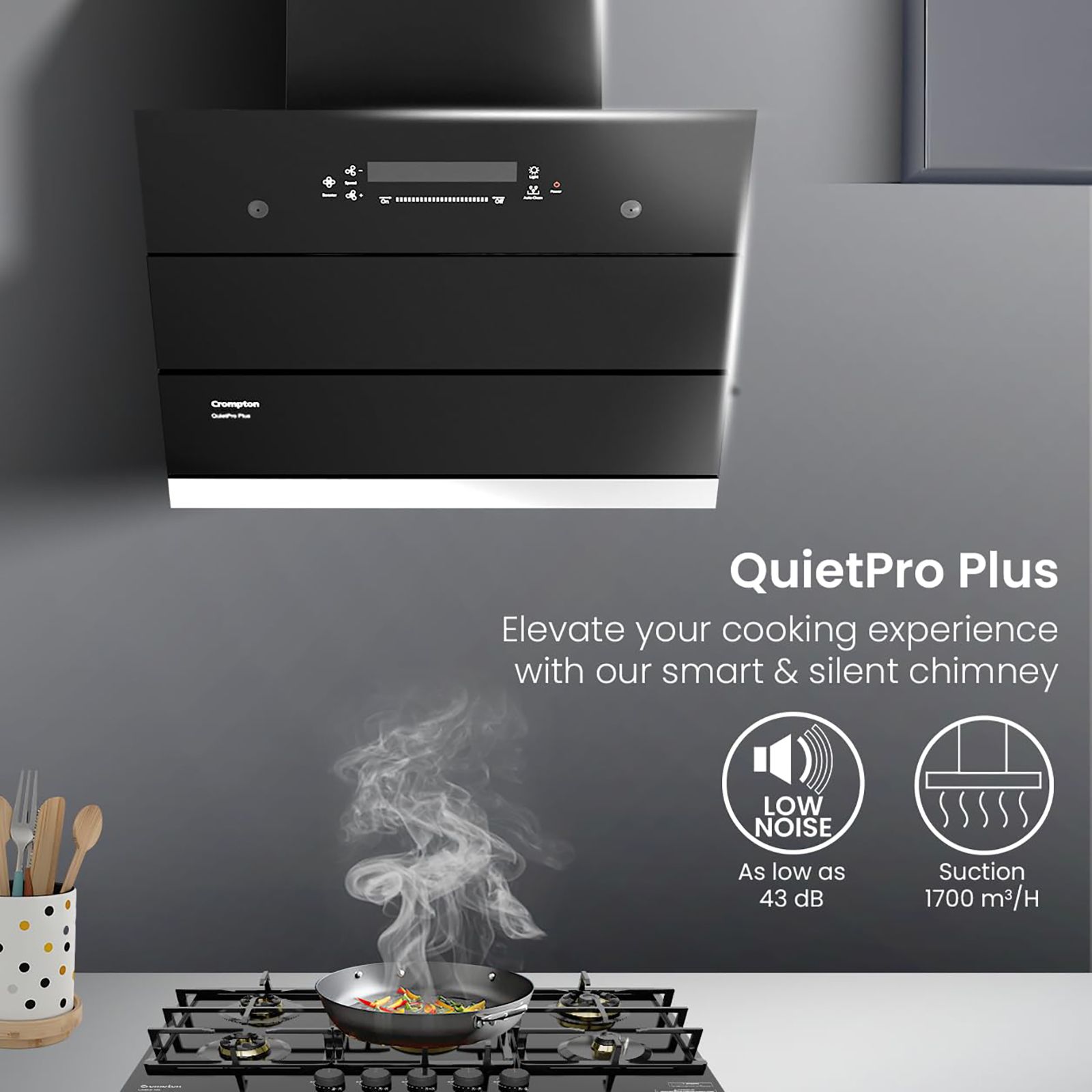 Crompton QuietPro Plus 60cm 1700m³/hr Ducted Auto Clean Wall Mounted Chimney with Gesture Control (Black)_10