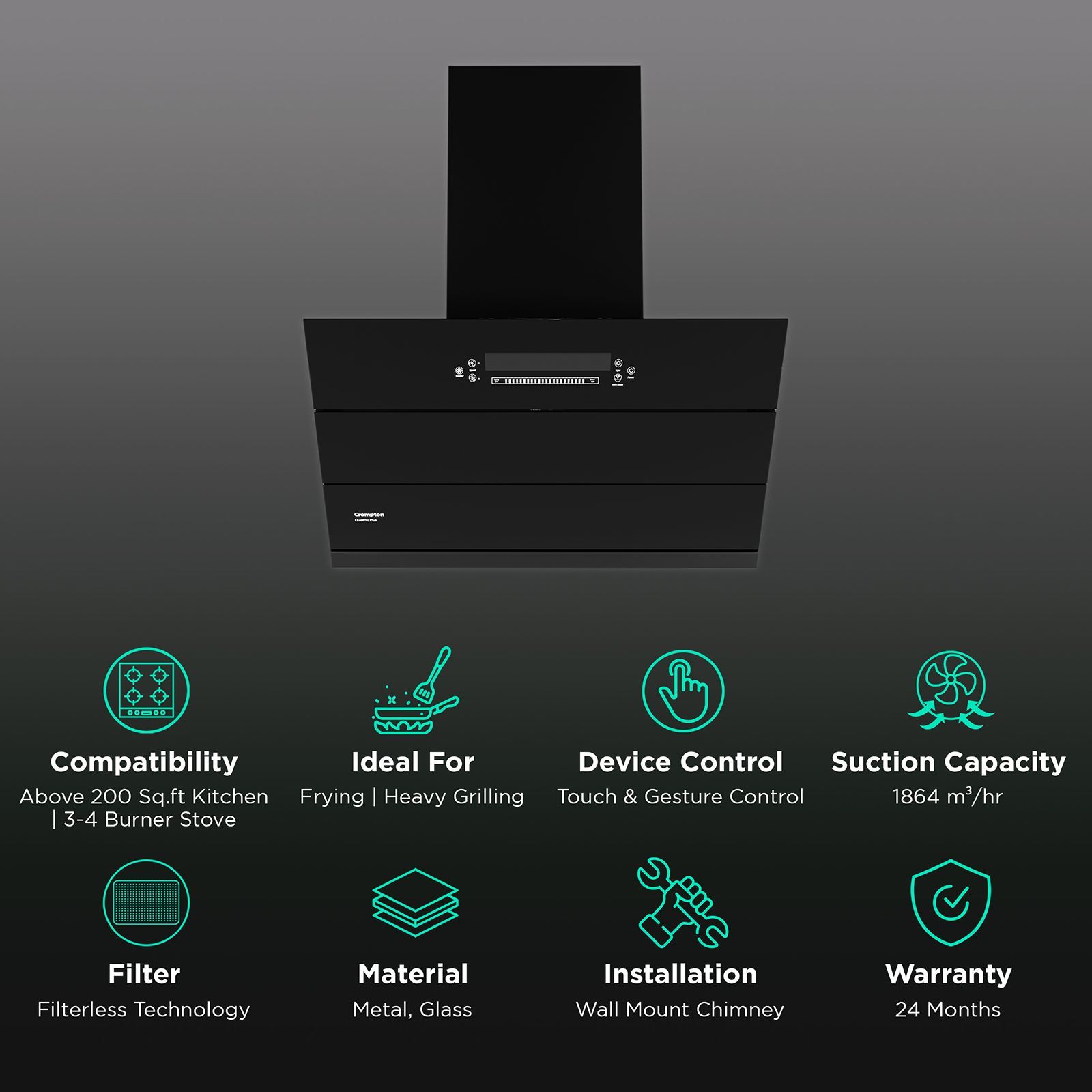Crompton QuietPro Plus 75cm 1800m³/hr Ducted Auto Clean Wall Mounted Chimney with Gesture Control (Black)_3