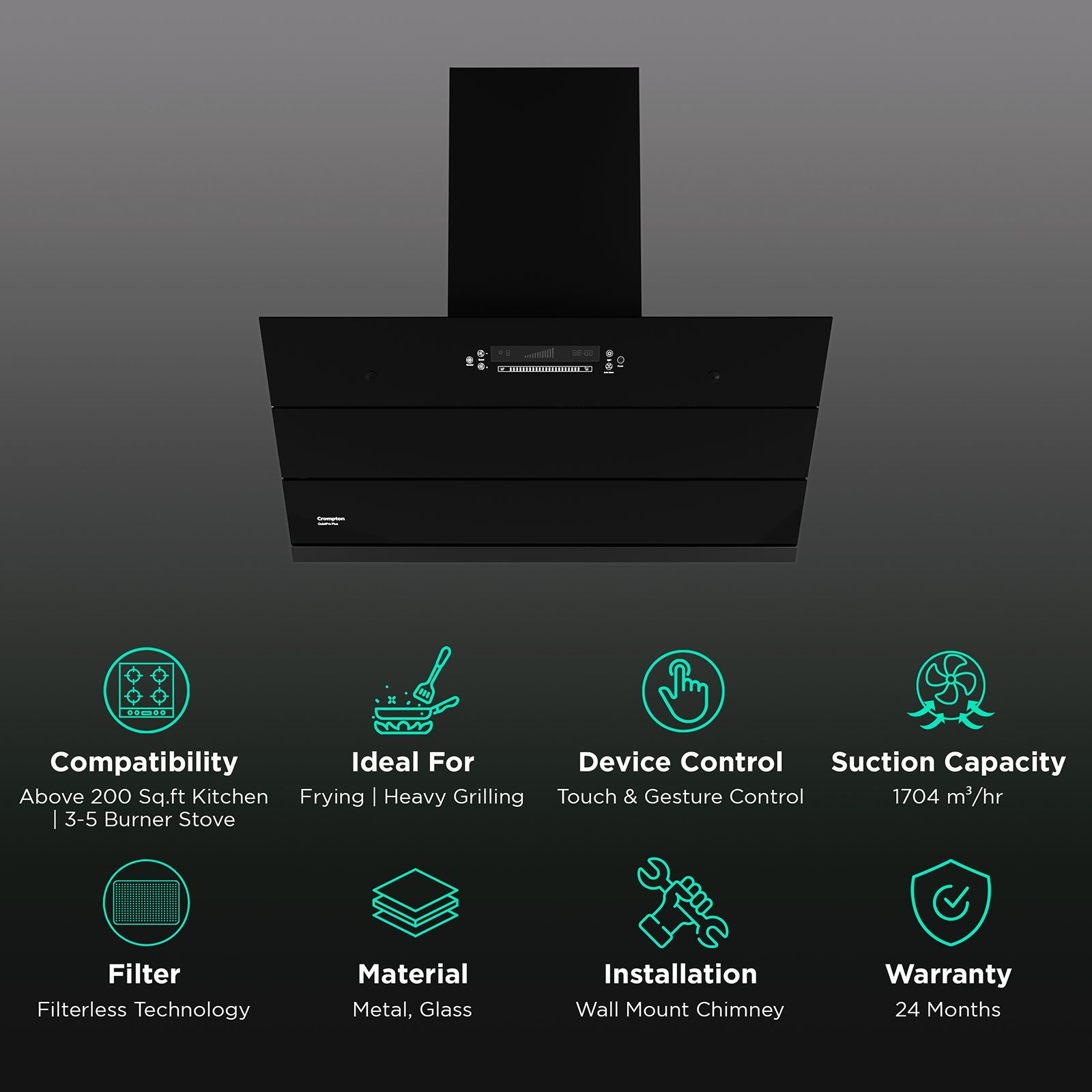 Crompton QuietPro Plus 90cm 1800m³/hr Ducted Auto Clean Wall Mounted Chimney with Gesture Control (Black)_3